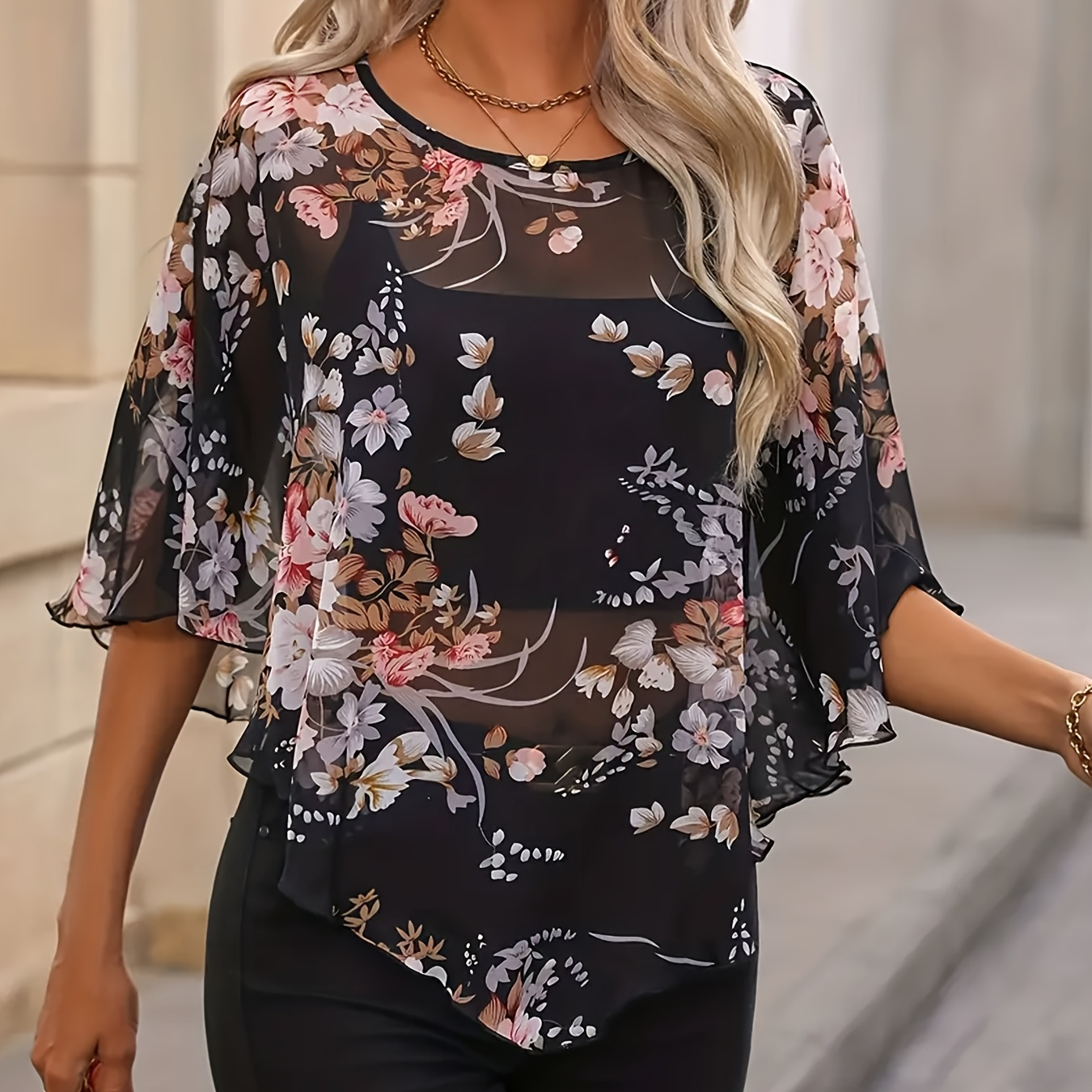 

1pc Elegant Floral Print Polyester Top For Women - Crew Neck, Regular Length, Woven Blouse For Weekend Casual Wear - Spring/summer/fall Collection