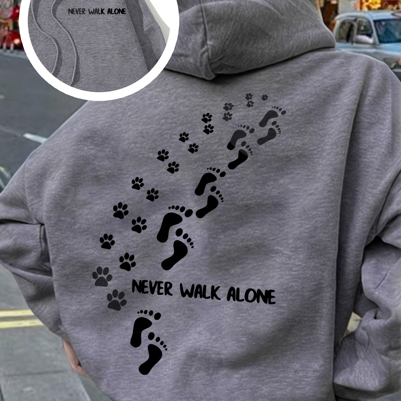 

1pc Winter Women's Casual Polyester Hoodie With " Walk " Slogan And Paw Print Applique, Knit Fabric Hooded Sweatshirt With Animal , Regular Fit