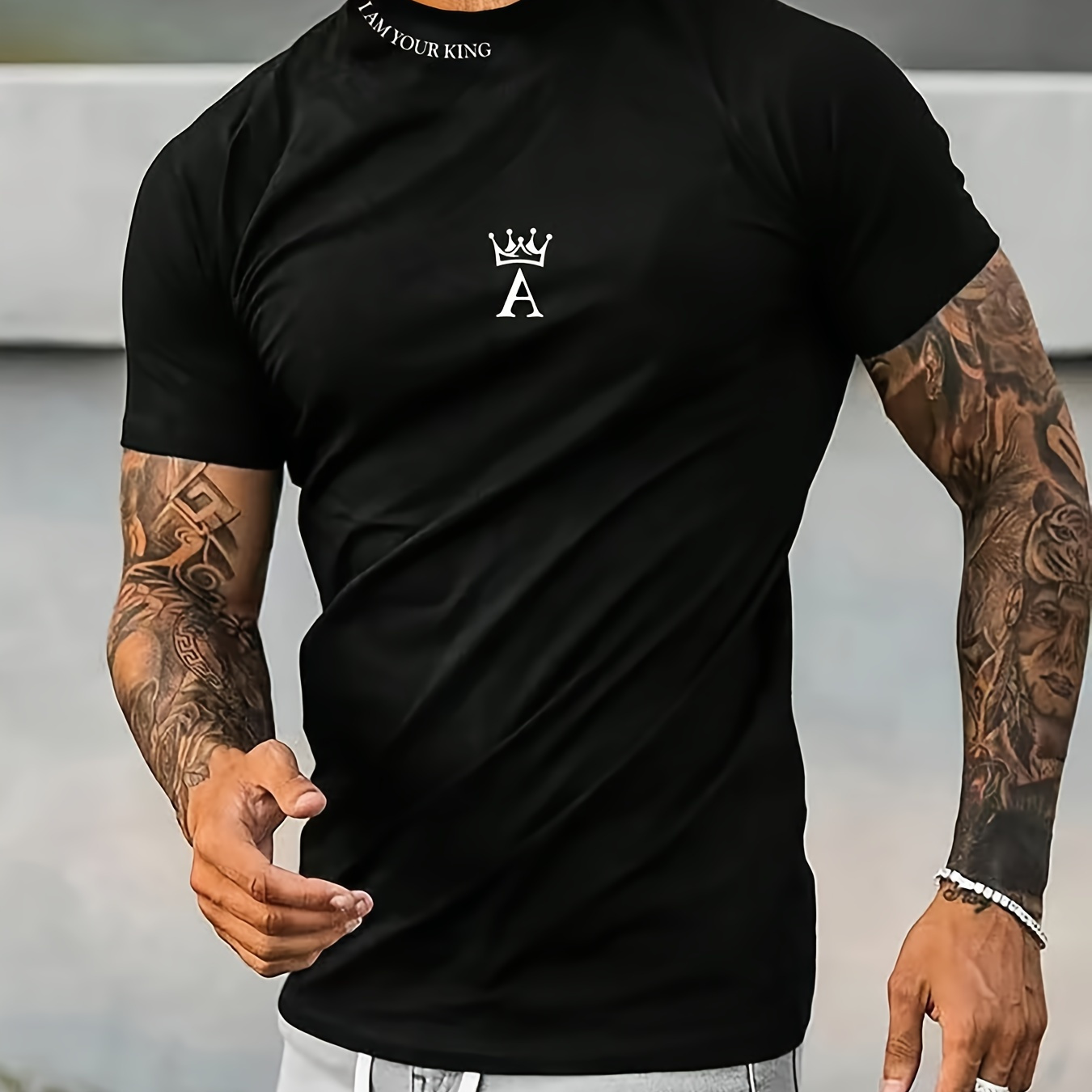 

Men's Crown Pattern And Letter Print "i Am Your King" Crew Neck And Short Sleeve T-shirt, Casual And Stylish Tops For Summer Daily And Sports Wear