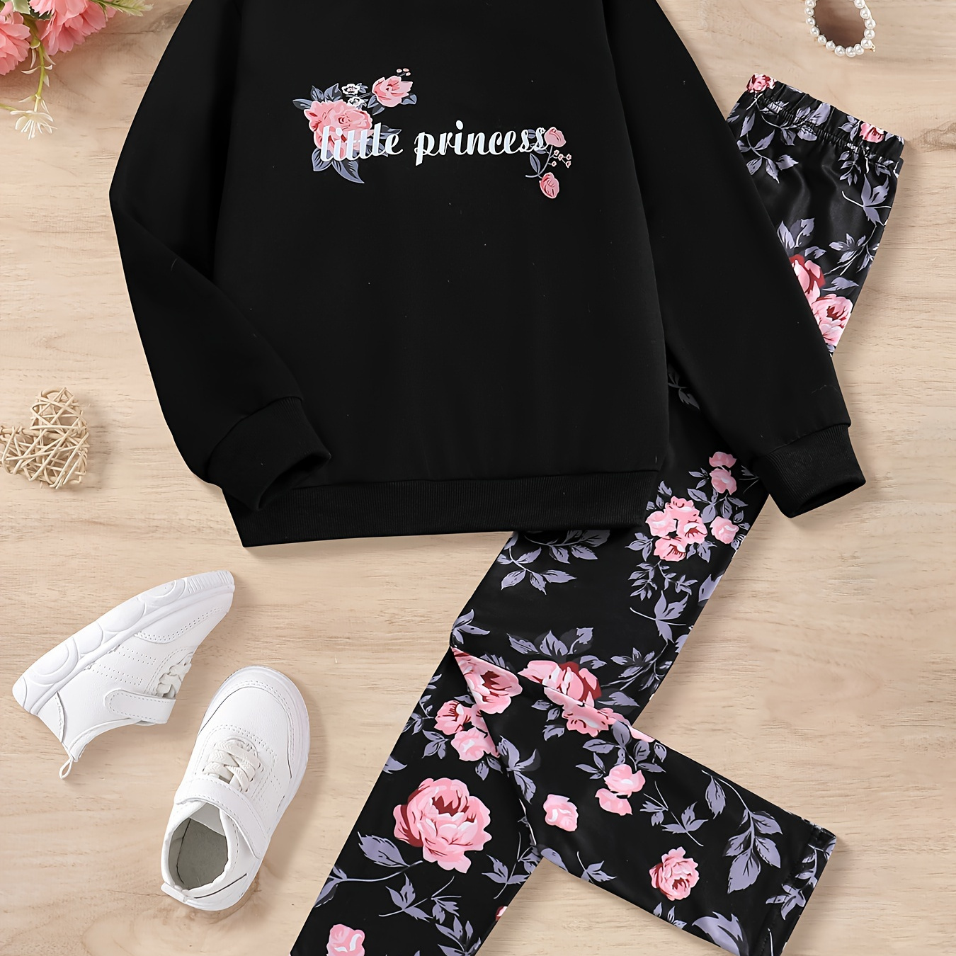 

2pcs, Little Princess Print Long Sleeve Crew Neck T-shirt + Floral Print Slim Pants Set For Girls, Comfy And Trendy Summer Gift