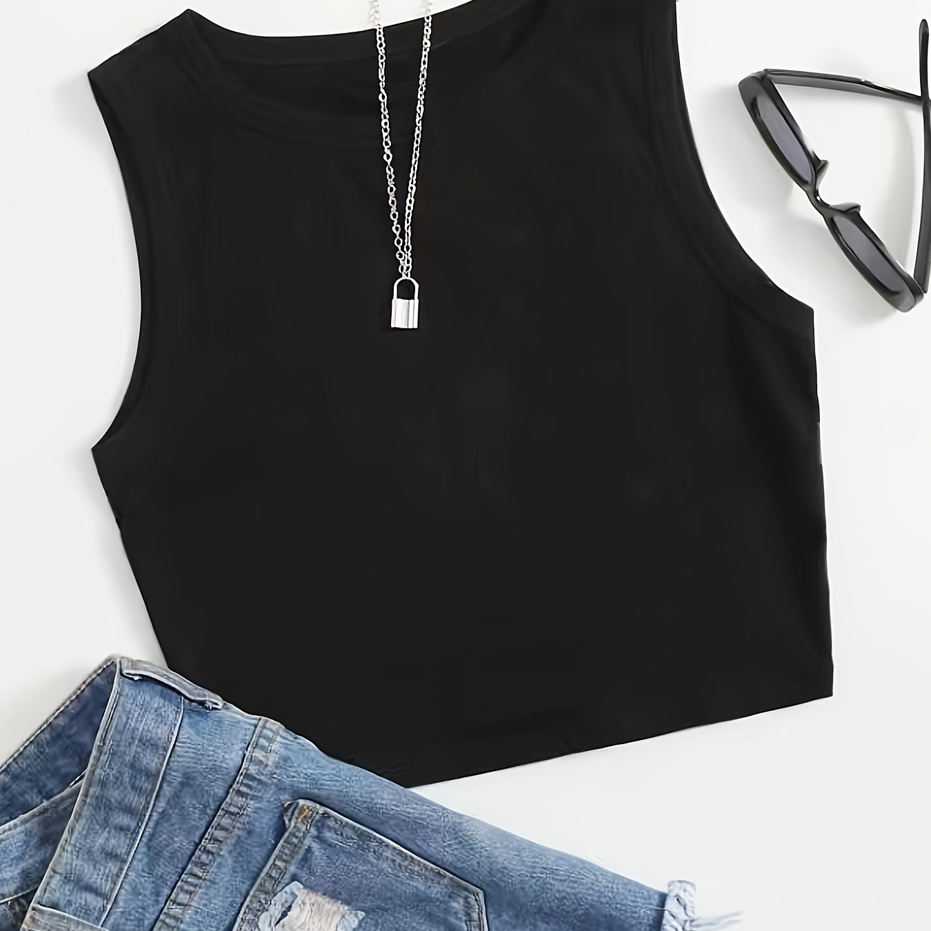

Solid Color Crew Neck Tank Top, Casual Sleeveless Crop Top For Spring & Summer, Women's Clothing