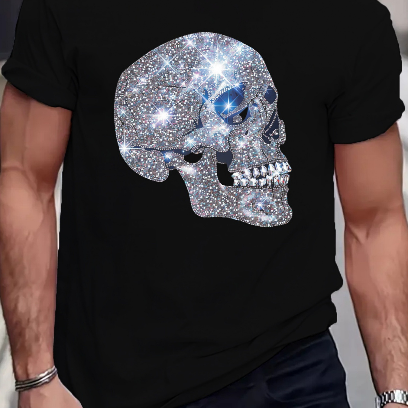 

Sparkling Skull Print Men's Casual Long Collar Short Sleeve T-shirt Suitable For Summer