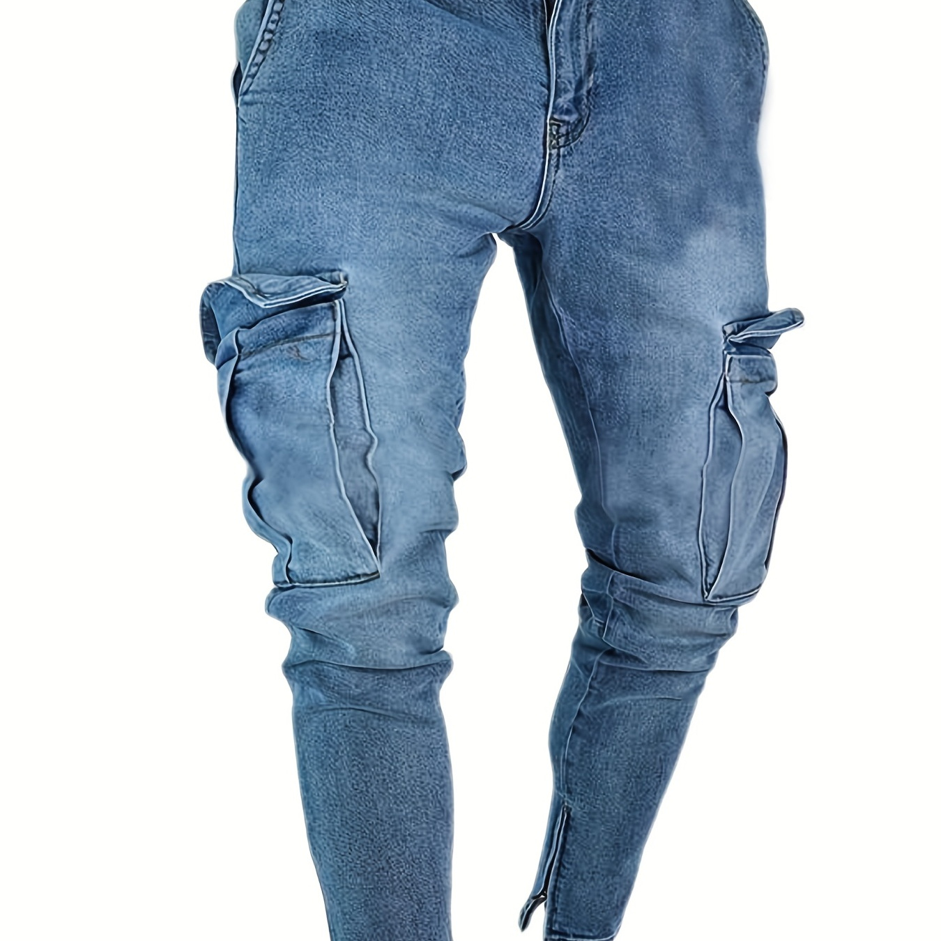 Slim Fit Flap Pocket Cargo Jeans, Men's Casual Solid Color Slightly Stretch Multi Pocket Denim Pants For Spring Summer