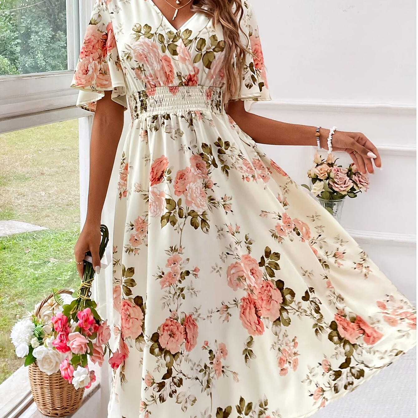 

Floral Print V-neck Shirred Waist Dress, Elegant Flutter Sleeve Dress For Spring & Summer, Women's Clothing