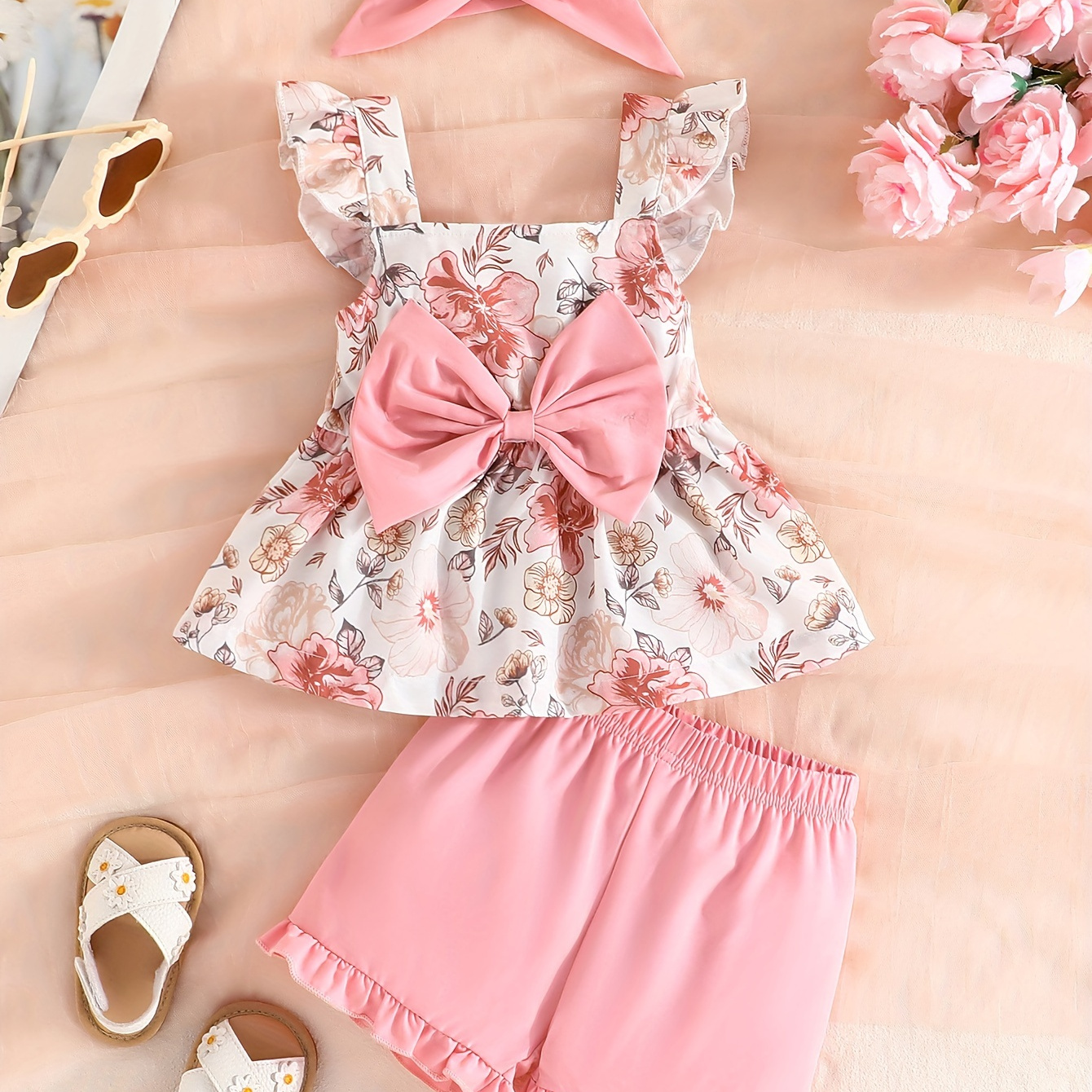

Baby Girls Flying Sleeve Flower Dress Top + Solid Shorts With Headband For Summer