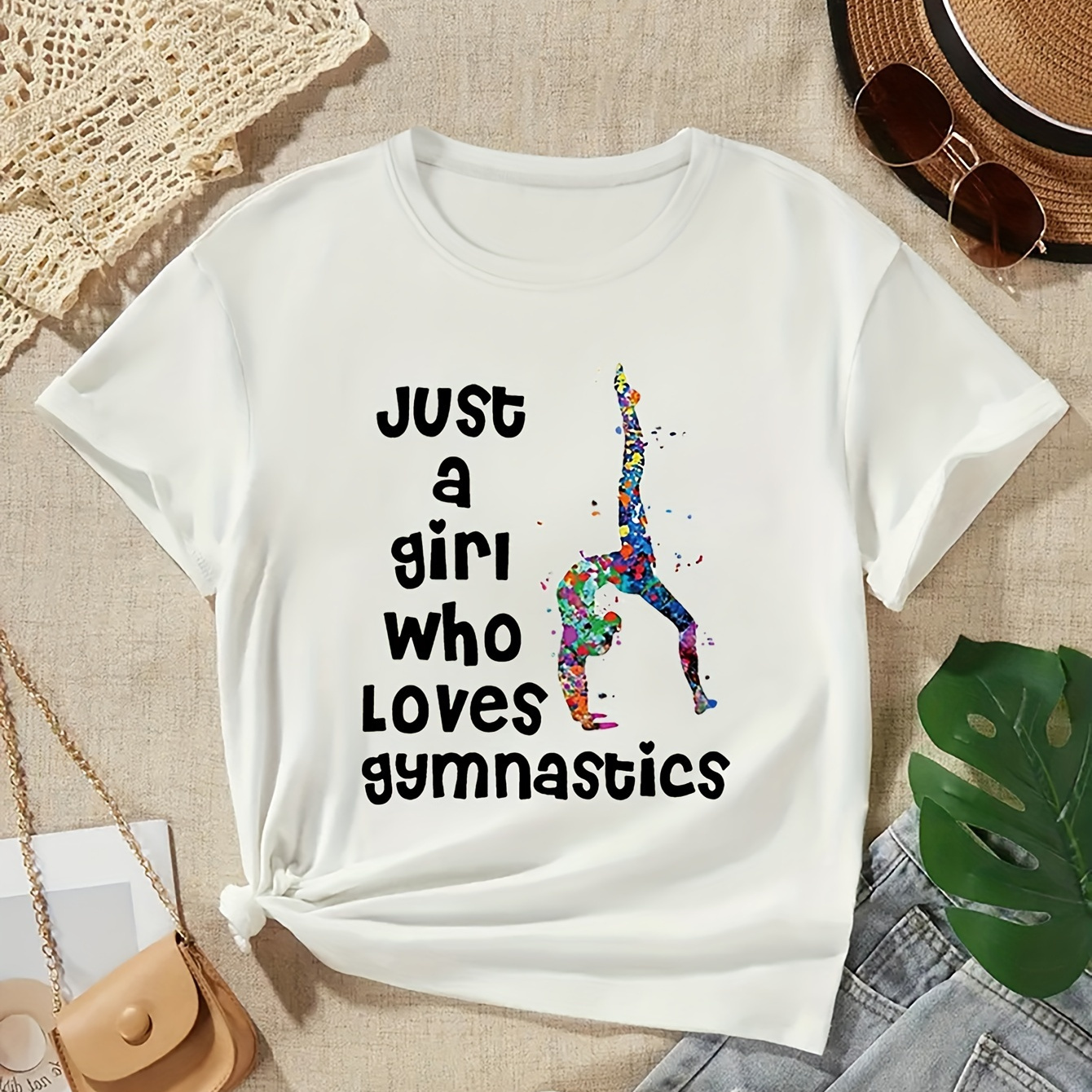 

Girls' Summer Fashion T-shirt, Casual Style, Round Neck, Short Sleeves, Colorful Gymnastics Print, Stretch Knit Fabric, Multiple Colors & Sizes Available