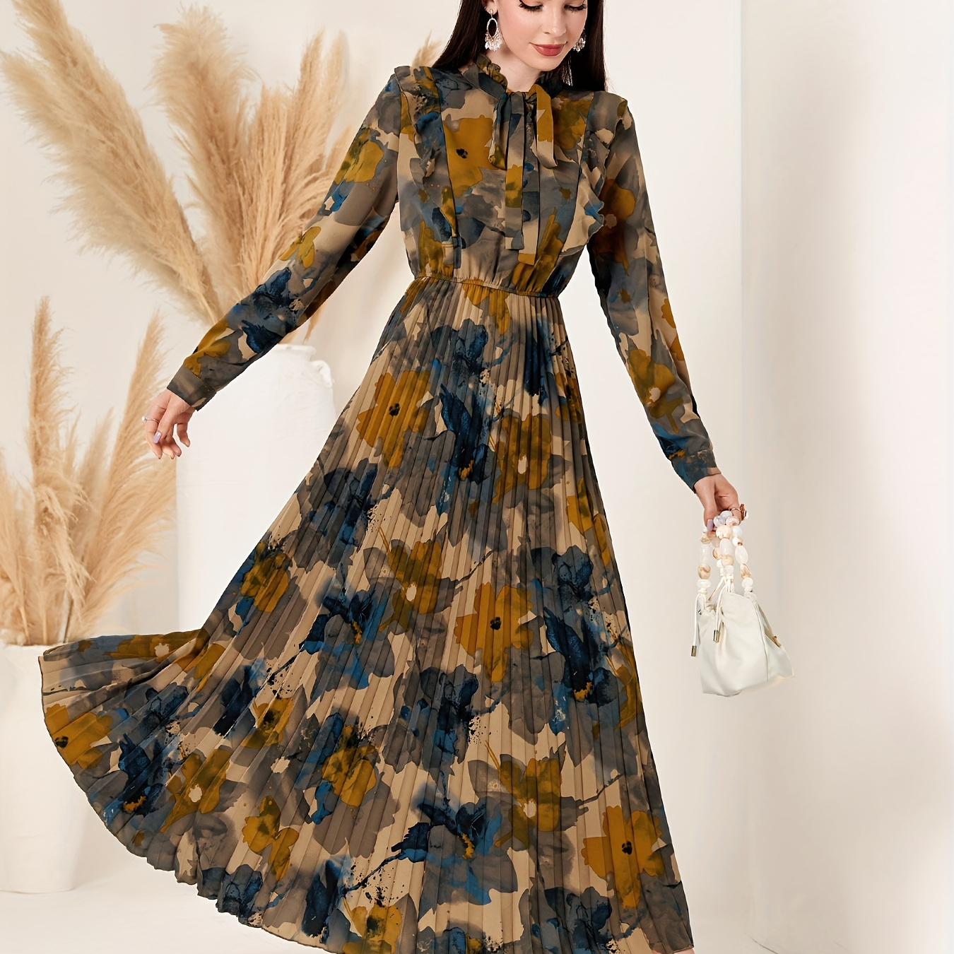 

Floral Print Tie Neck Aline Dress, Elegant Pleated Long Sleeve Maxi Swing Dress For Spring & Fall, Women's Clothing