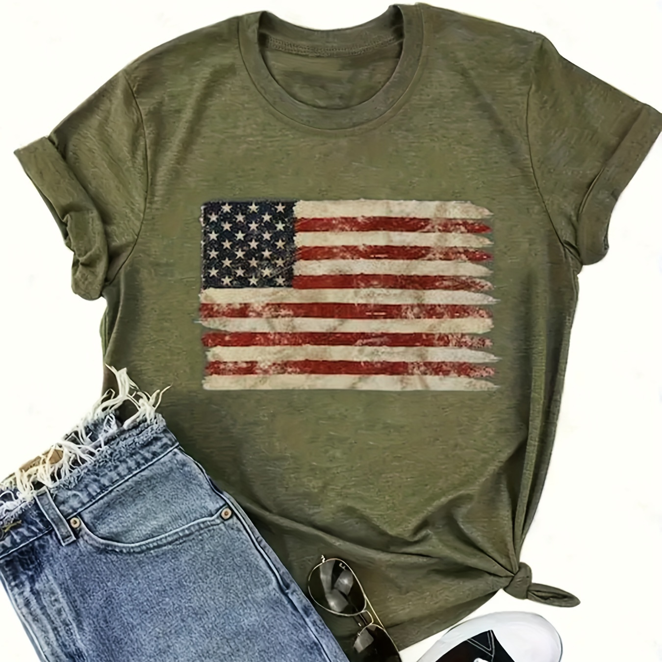 

Flag Print Crew Neck T-shirt, Vintage Short Sleeve T-shirt For Spring & Summer, Women's Clothing
