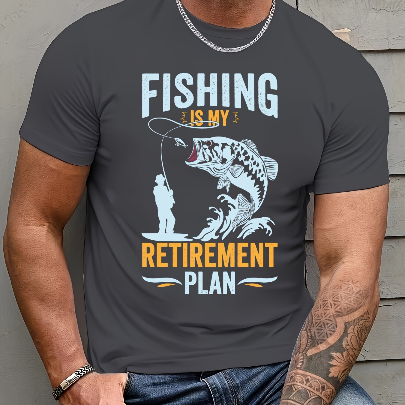 

Plus Size Men's Fish Graphic Print T-shirt, Casual Comfy Crew Neck Short Sleeve Tee For Summer Outdoor, Men's Clothing