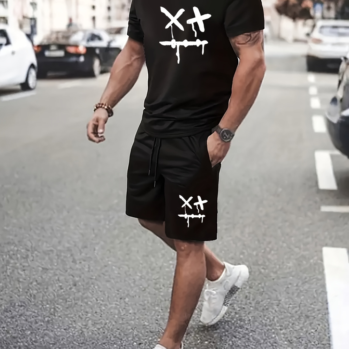 

Men's Trendy Casual Comfy Tees & Shorts, Creative Pattern Graphic Print Crew Neck Short Sleeve T-shirt & Loose Shorts With Drawstrings Pockets Home Pajamas Sets, Casual Sets For Summer