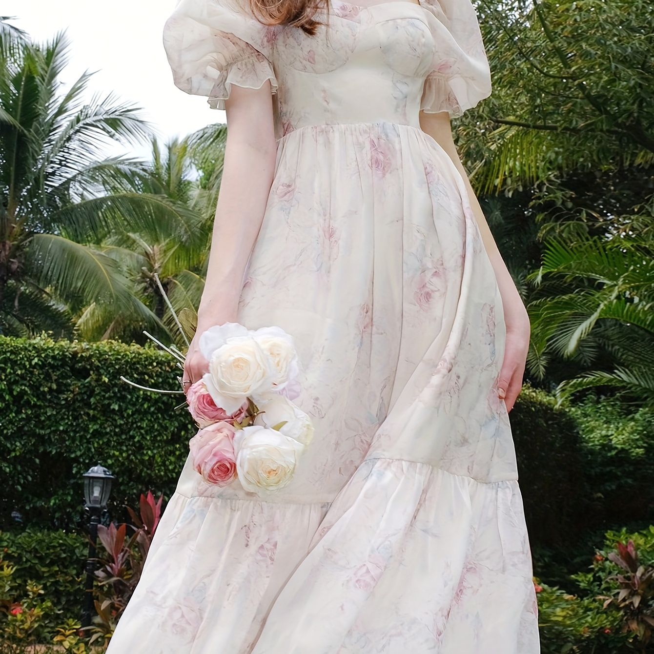 womens summer floral neck puff sleeve a line - Temu Oman