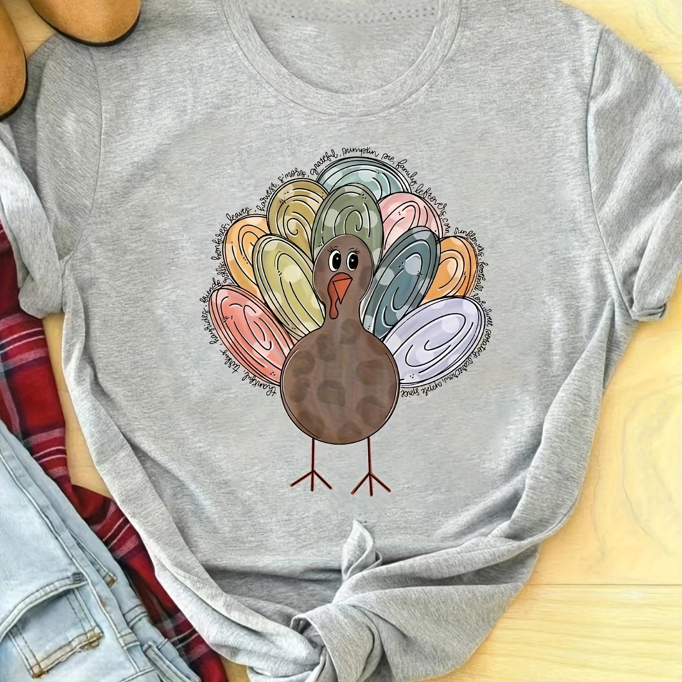 

Thanksgiving Print T-shirt, Short Sleeve Crew Neck Leisure T-shirt For Spring & Summer, Women's Clothing