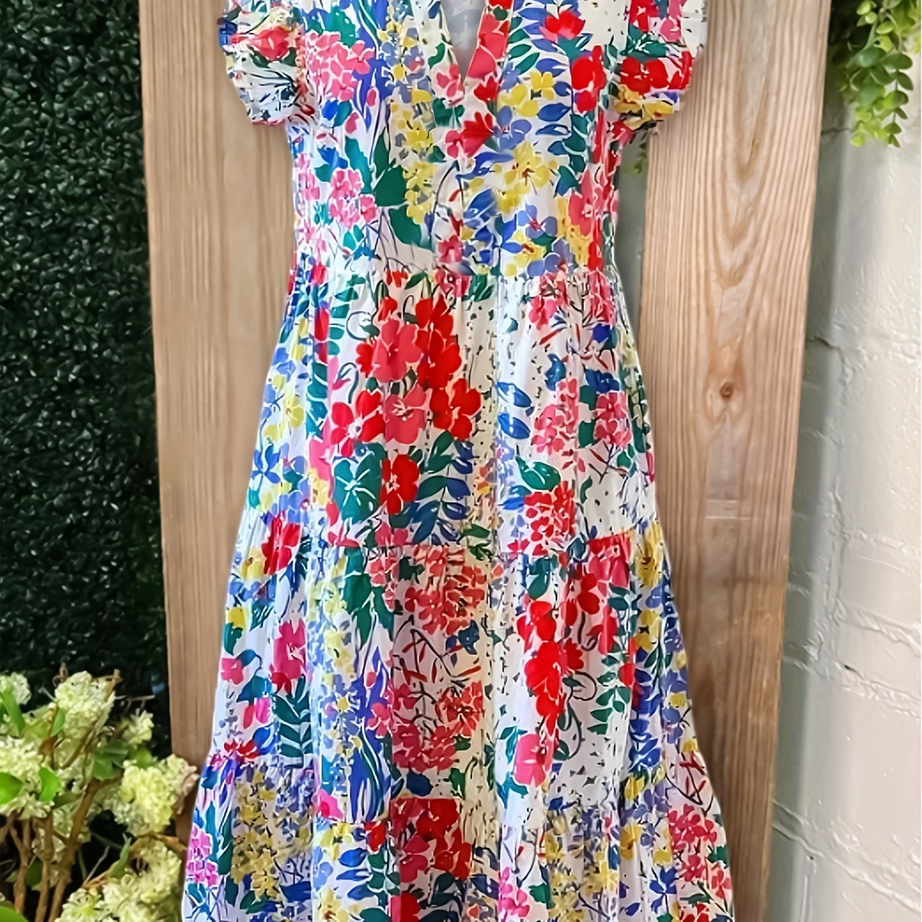 

Floral Print Notched Neck Dress, Casual Flutter Sleeve Dress For Spring & Summer, Women's Clothing