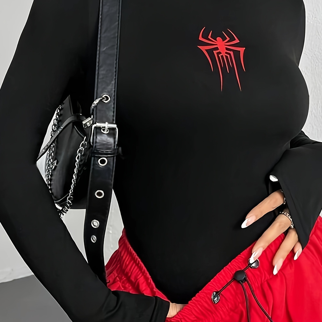 

Women's Sexy Crew Neck Long Sleeve Top With Anime Spider Print, Polyester Knit Fabric, Regular Length, Wear