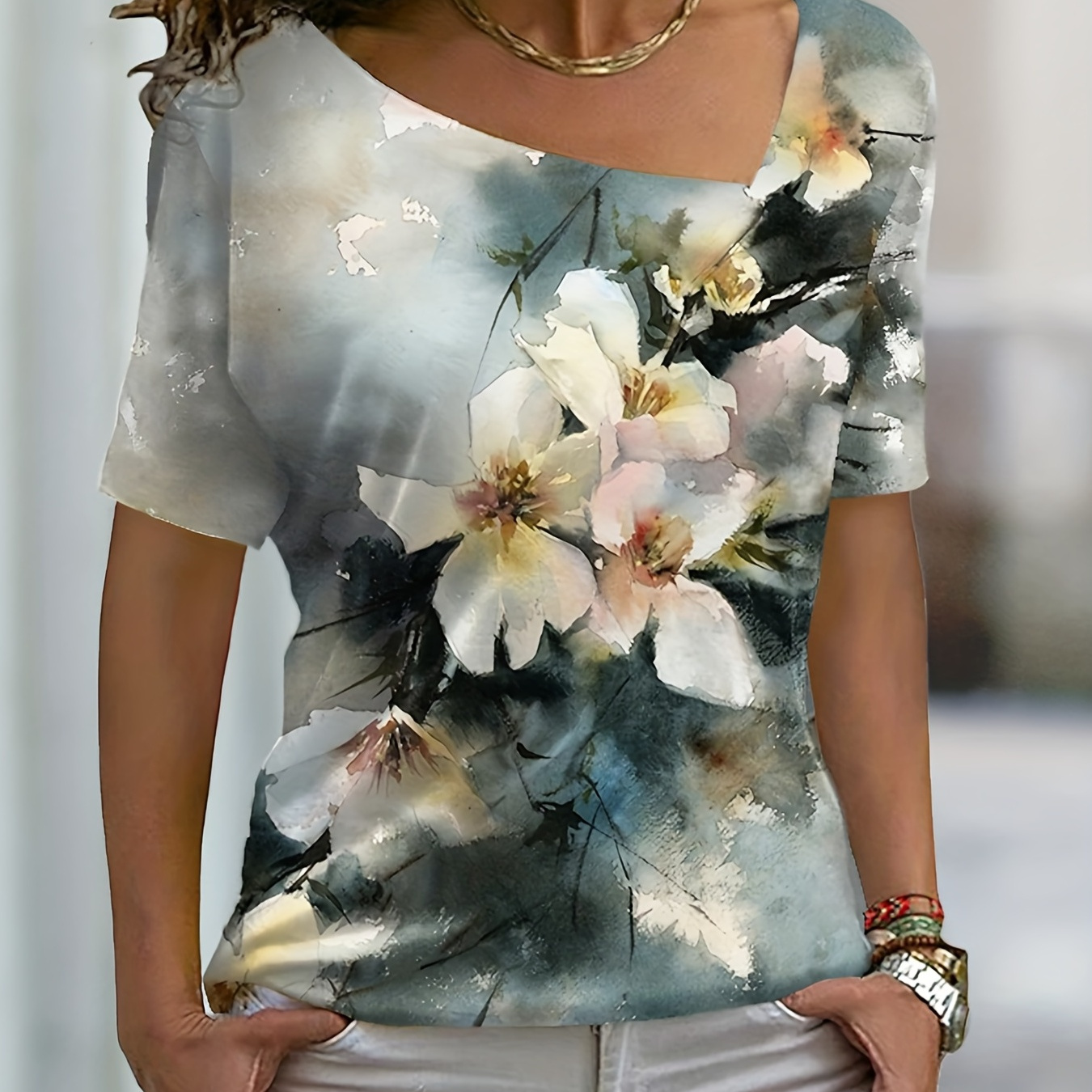 

Flower Print V Neck T-shirt, Casual Loose Short Sleeve Summer T-shirts Tops, Women's Clothing