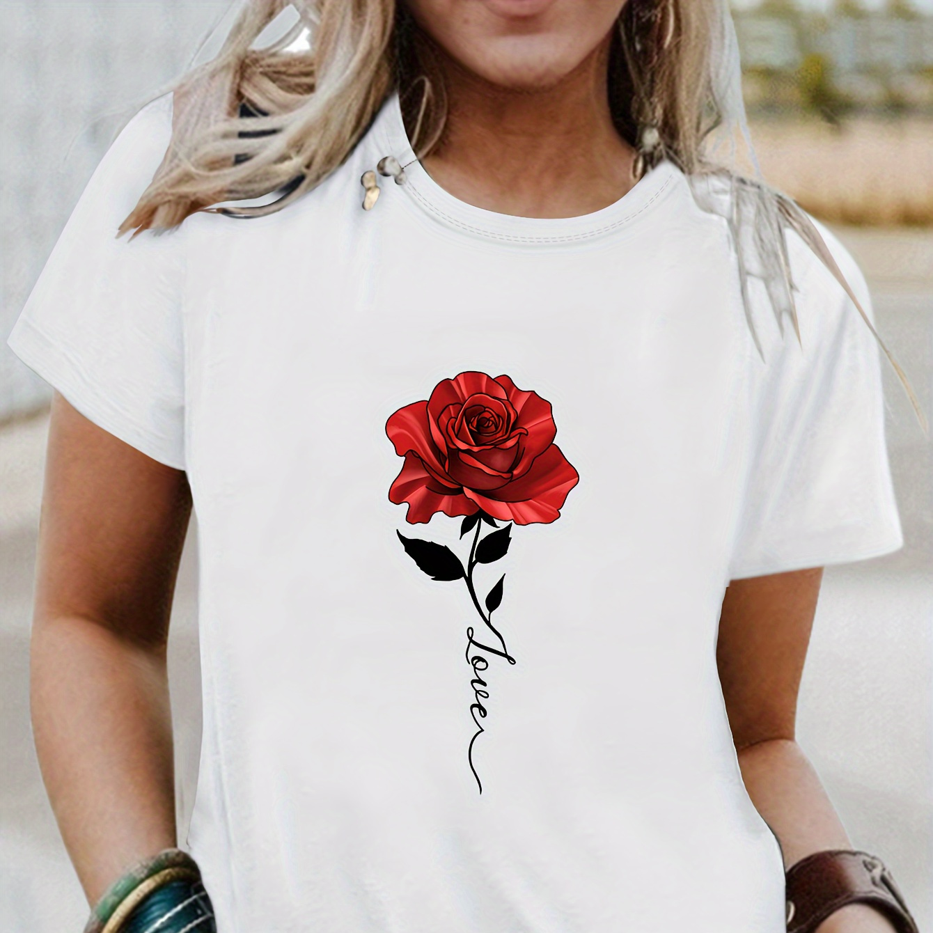 

Rose & Love Print Summer T-shirt, Casual Short Sleeve Crew Neck Top, Women's Clothing