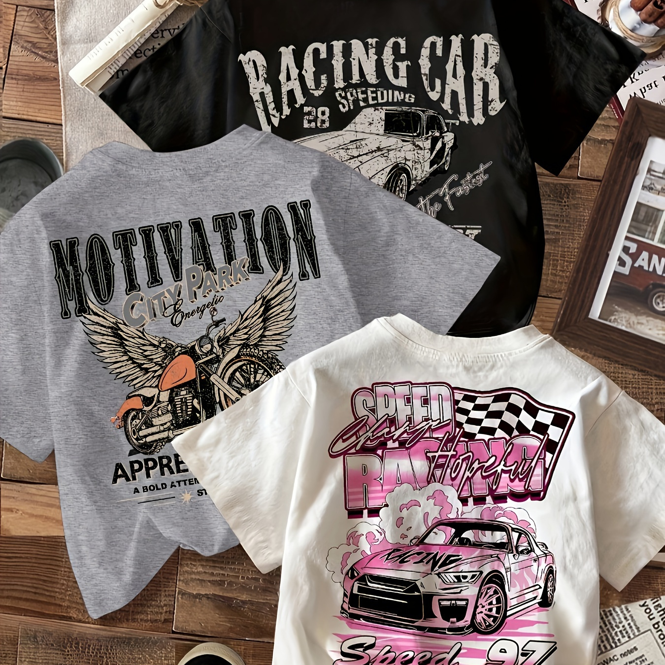 

Women' Casual Printed T-shirts Set Of 3, Car Motif, Polyester With Stretch, Round Neck, Regular Length, Knit Fabric - All Season Wear