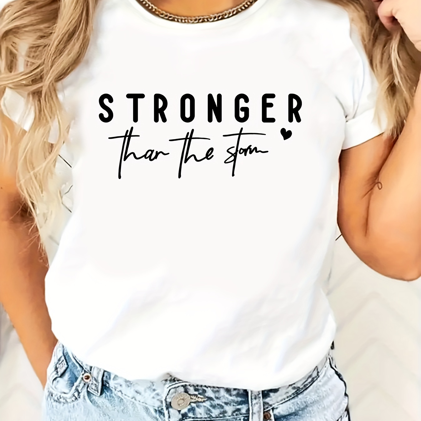 

Stronger Printed Crew Neck T-shirt, Casual Polyester Knit Top With Medium Stretch, Alphabet Pattern For Adults - Summer Wear, Casual Attire | Letter Print | Stretchable Material, T Shirt