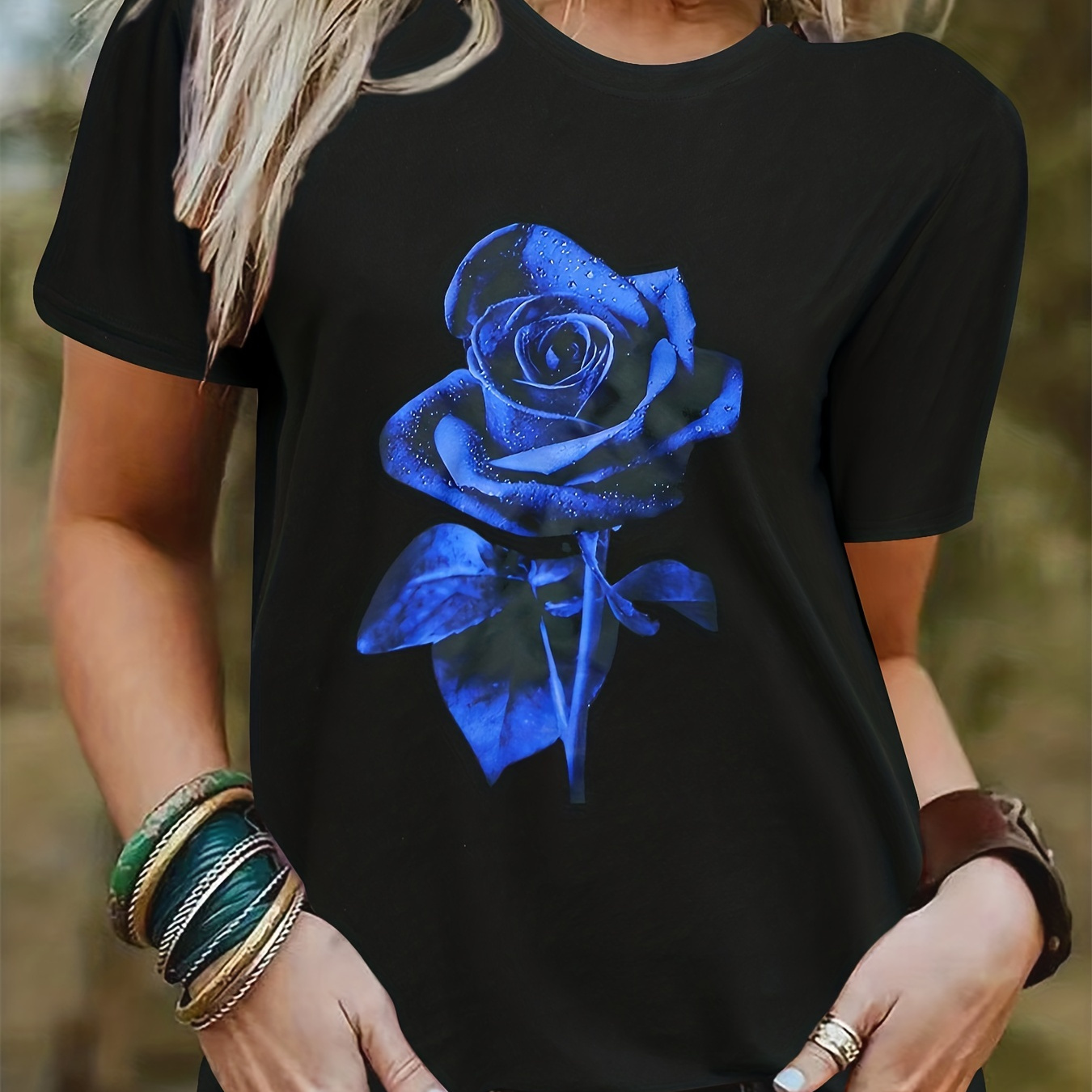 

Romantic Rose Print Tee, Casual Short Sleeve Crew Neck T-shirt, Women's Clothing