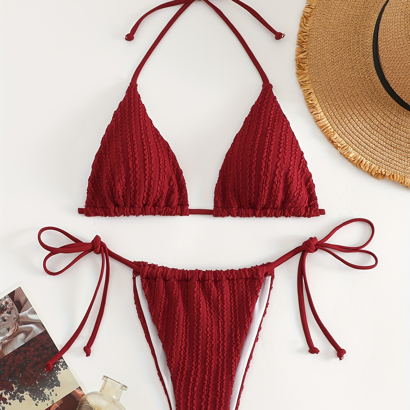 

Plain Burgundy Red Texture Fabric 2 Piece Set Bikini, Triangle Halter Tie Strap Stretchy Swimsuits, Women's Swimwear & Clothing