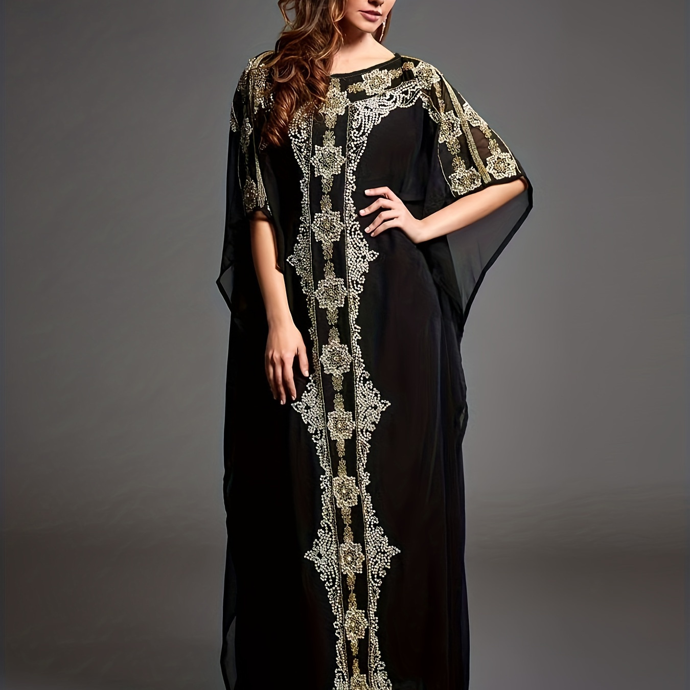 Plus Size Boho Kaftan Abaya Dress , Women's Plus Batwing Sleeve Chiffon Floral Embroidery Contrast Trim Arabian Dress