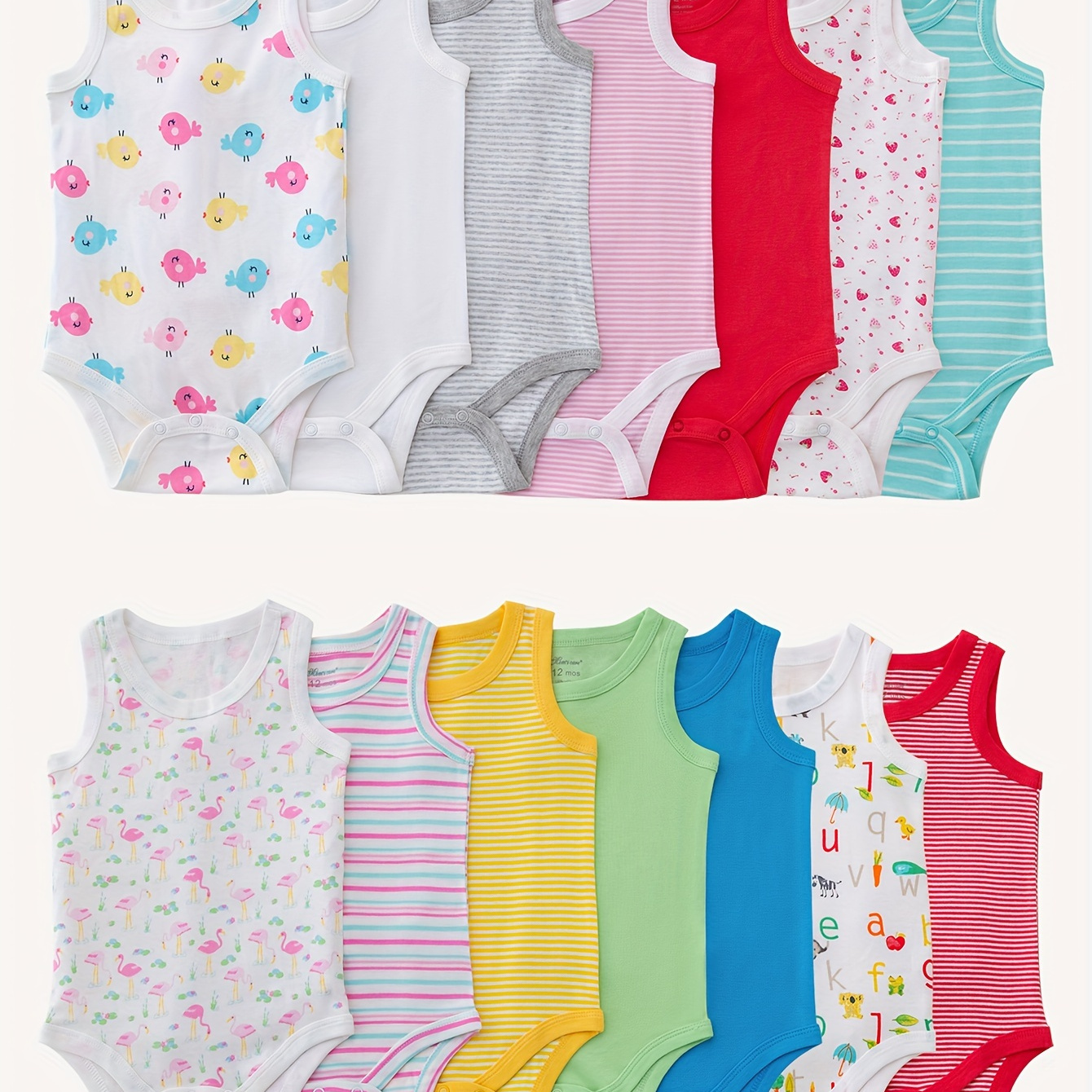 

7pcs Baby's Comfy Cotton Triangle Bodysuit, Casual Solid Color & Cartoon Pattern Sleeveless Romper, Toddler & Infant Girl's Onesie For Summer, As Gift