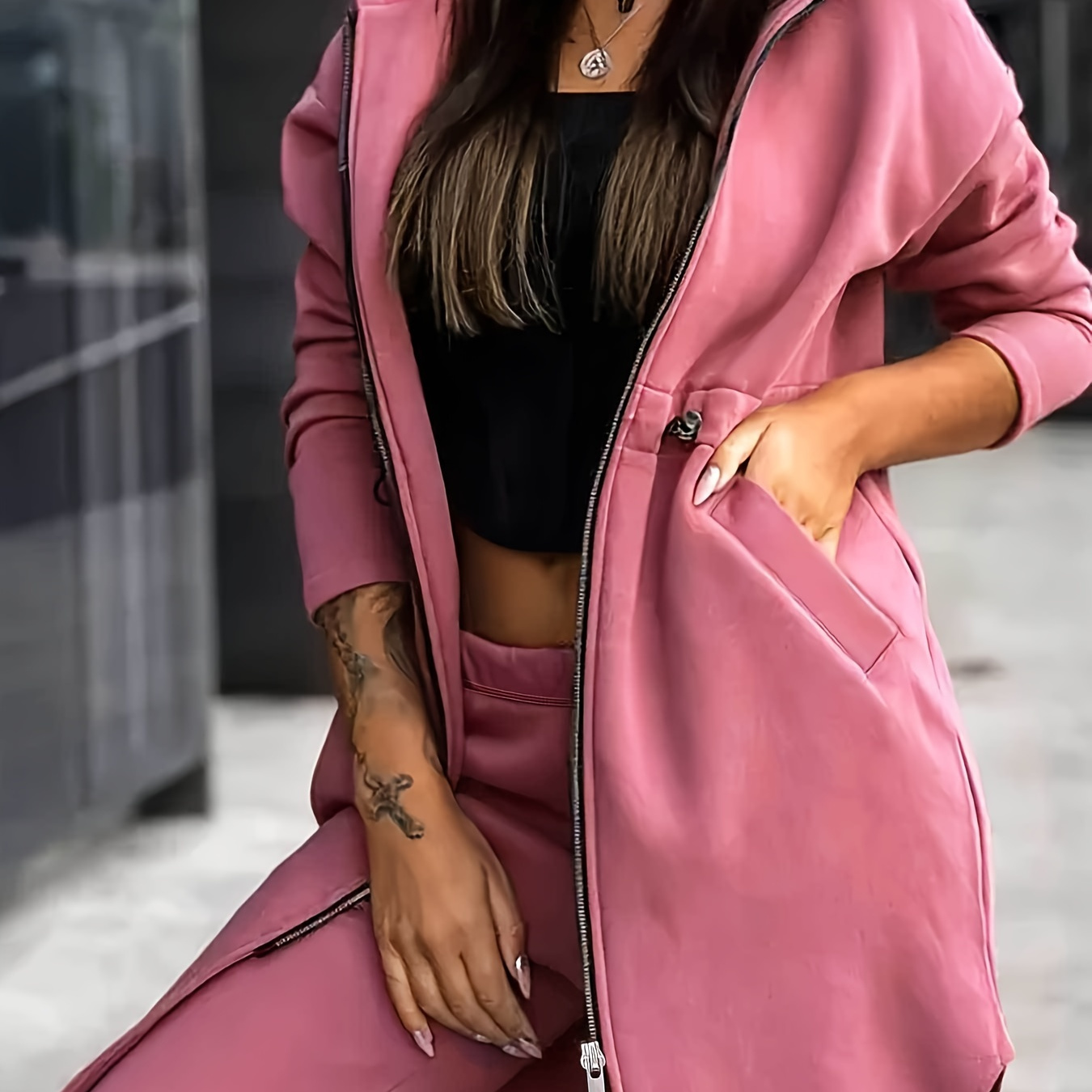 

1set Elegant Women' Color Hoodie And Sweatpants Set, Polyester (polyester Fiber) Material, Hooded Neck Design, Suitable For Spring/autumn Season