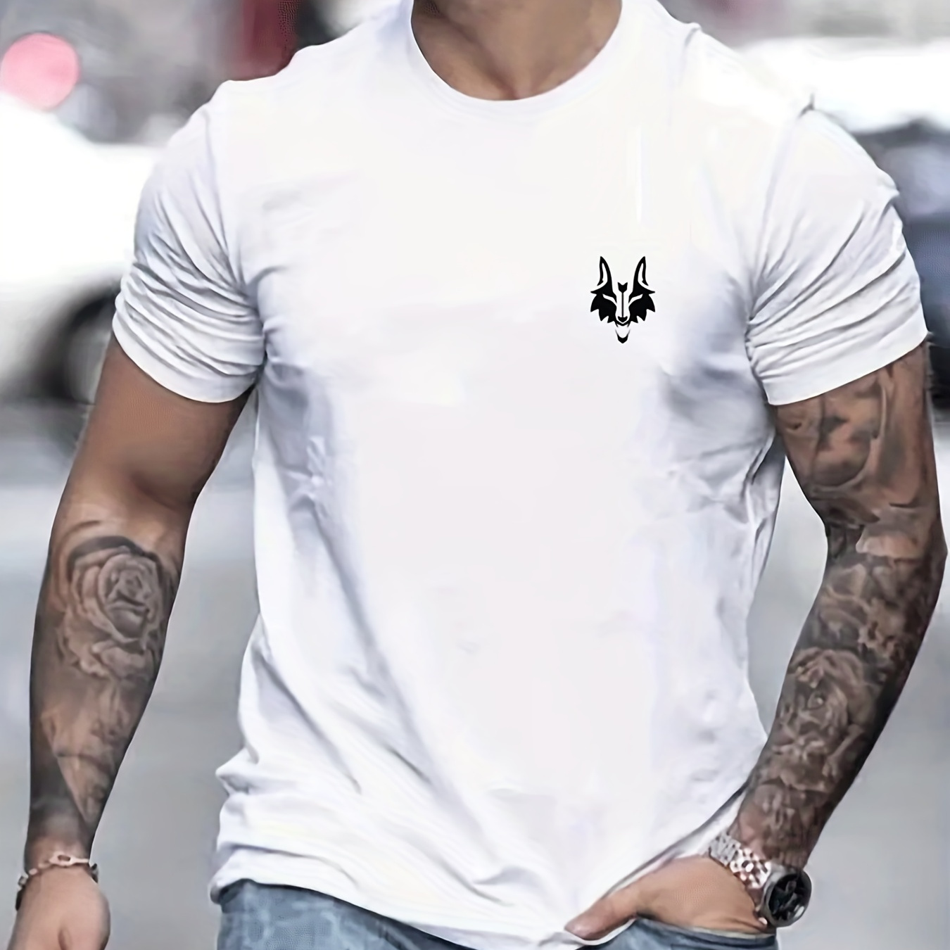 

Wolf Pattern T-shirt, Men's Casual Street Style Stretch Round Neck Tee Shirt For Summer