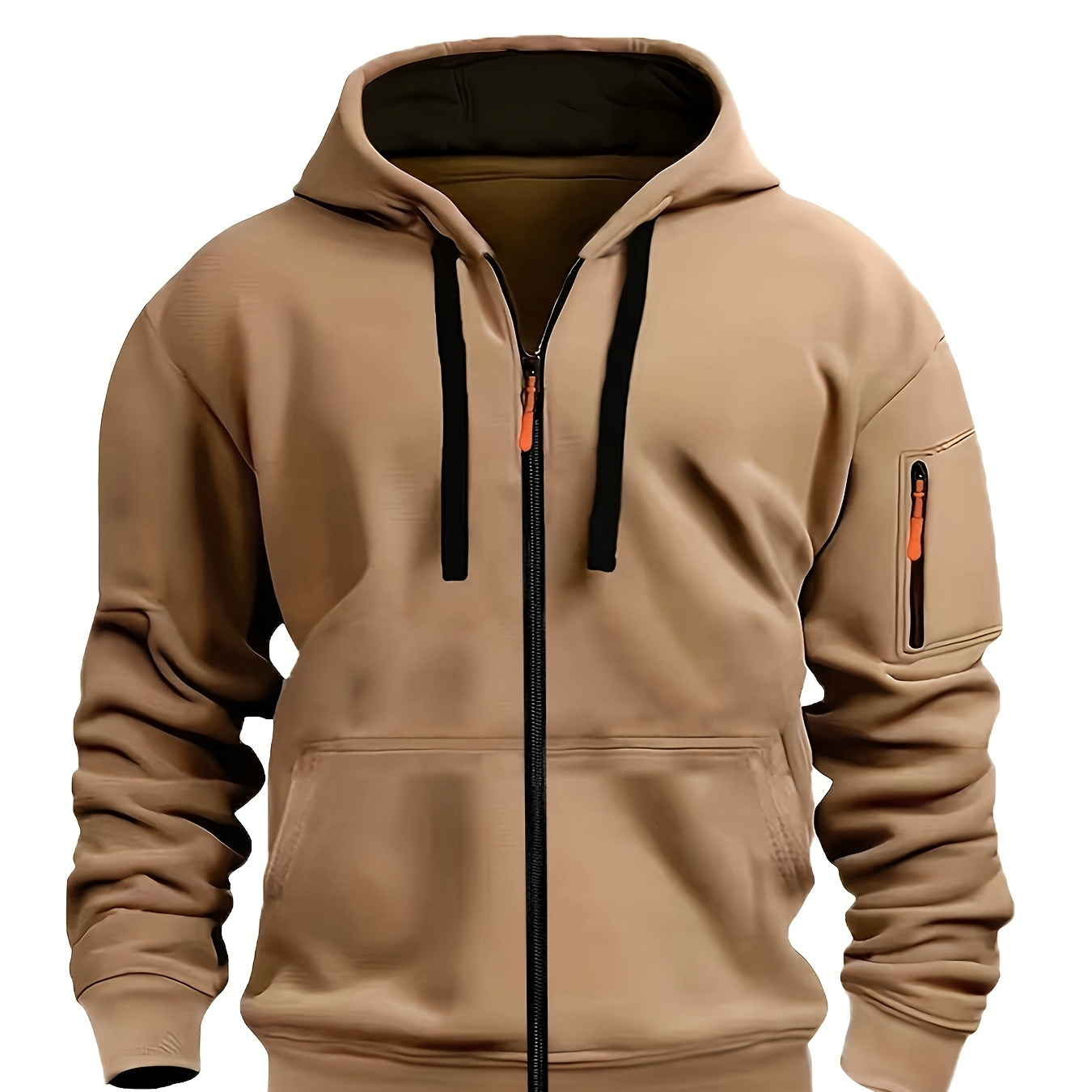 

Men's Casual Zip-up Hoodie With Kangaroo Pocket - Solid Color, Long Sleeve, Polyester For Fall/ &