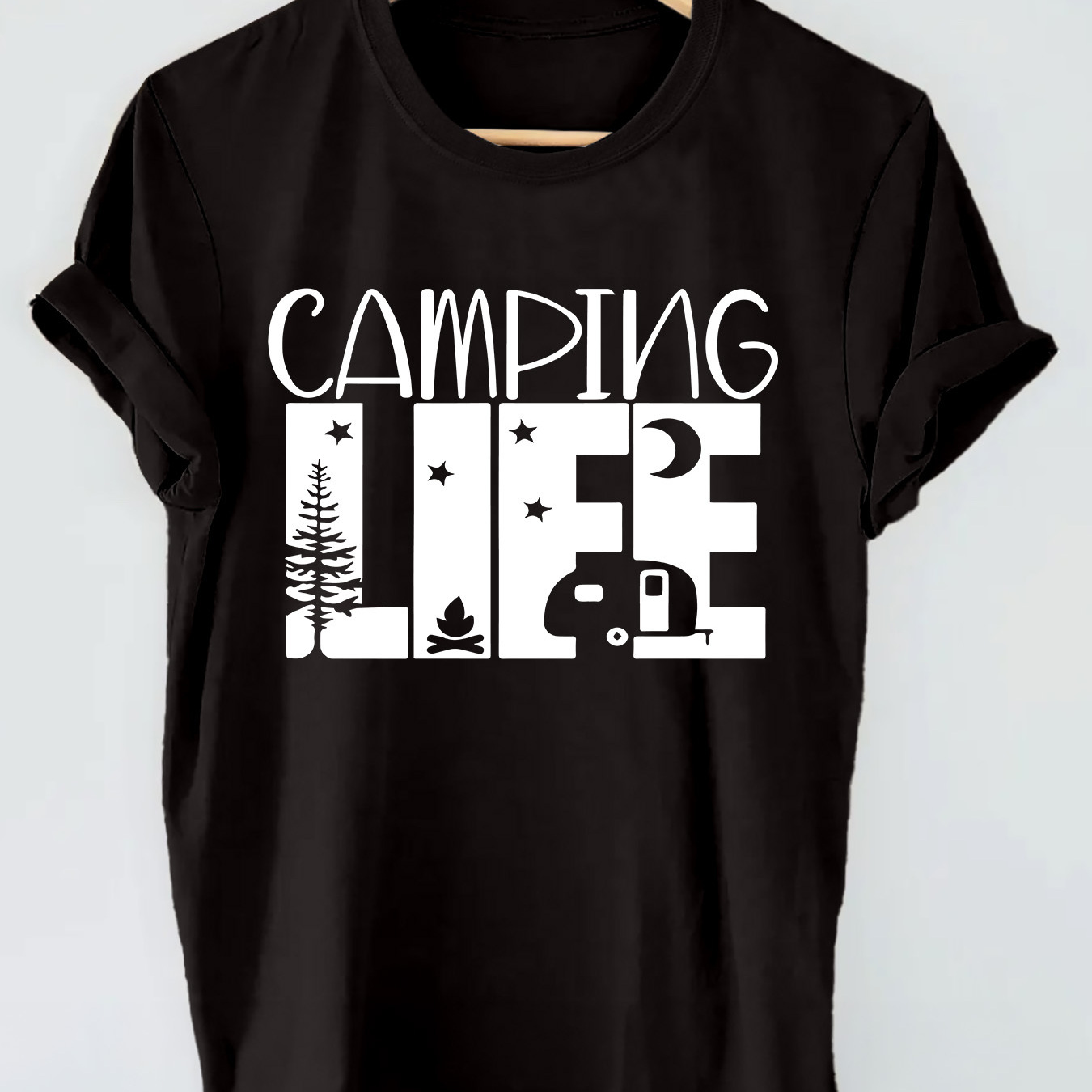 

Camping Life Letter & Graphic Print T-shirt, Short Sleeve Crew Neck Casual Top For Summer & Spring, Women's Clothing