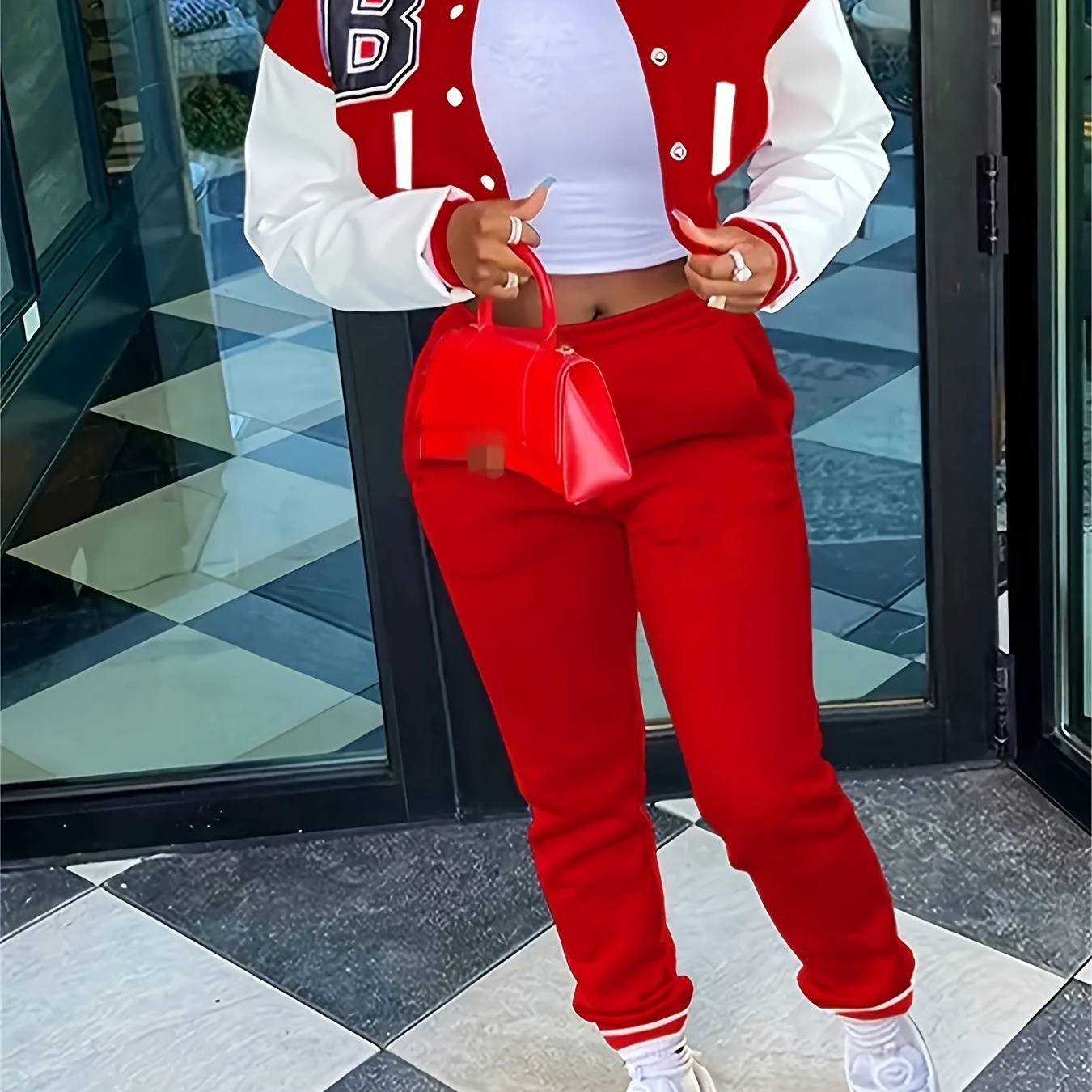 

Chic Tracksuit For Women - Button Front Varsity Jacket & Drawstring Jogger Pants Set, Casual Nylon Outfit With Striped Detailing