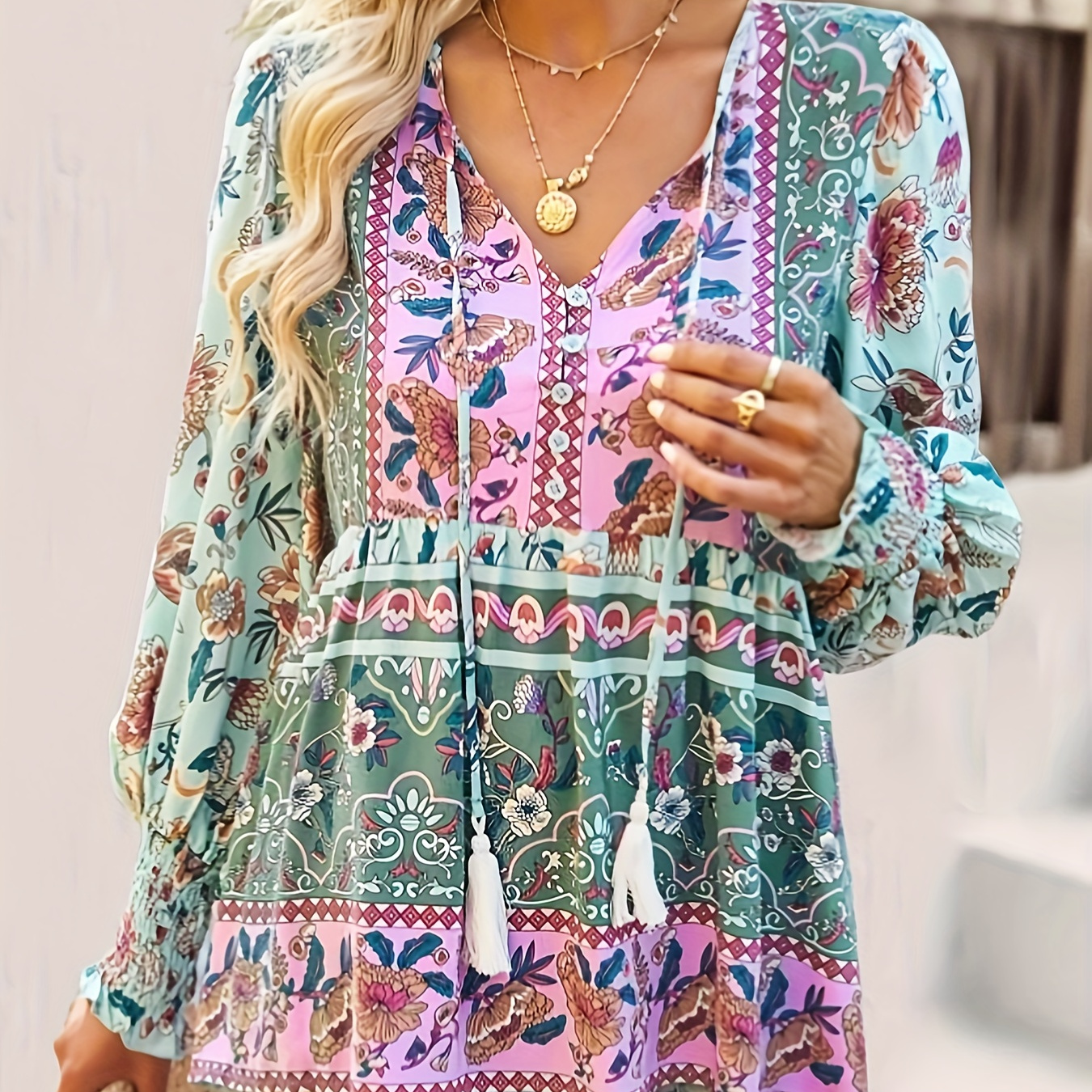 

Boho Floral Print Tie Neck Blouse, Elegant Long Sleeve Blouse For Vacation & Travelling, Women's Clothing