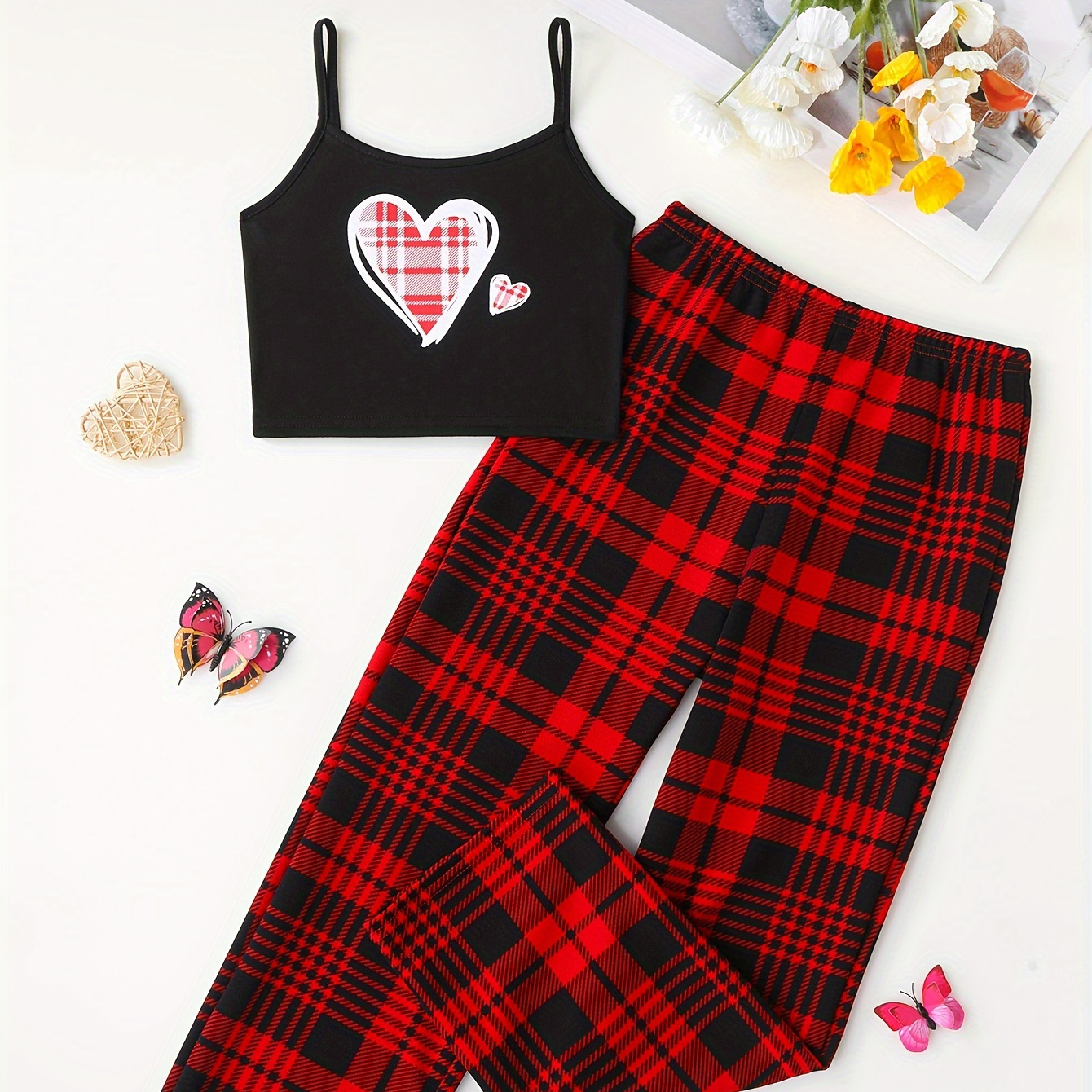 

Girls 2pcs Heart Graphic Cami Top + Plaid Pants Set Summer Clothes Gift Outdoor