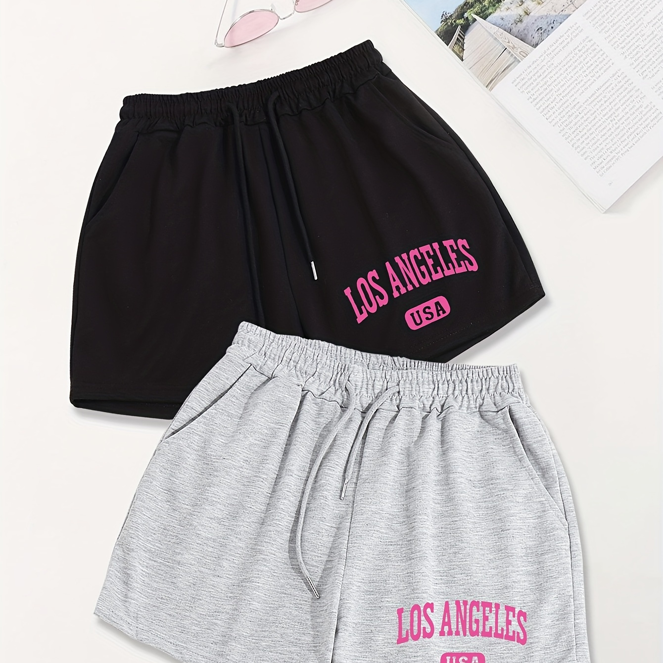 

Letter Print Shorts 2 Pack, Casual Drawstring Sporty Shorts For Spring & Summer, Women's Clothing