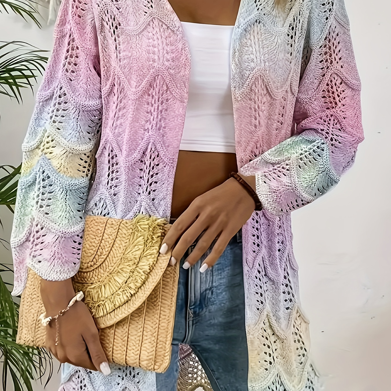 

Plus Size Chic Ombre Knit Cardigan - Elegant Open Front, Long Sleeve With Crochet , Ideal For Spring & Fall, Women' In Pastel Colors, Plus Size Cardigan