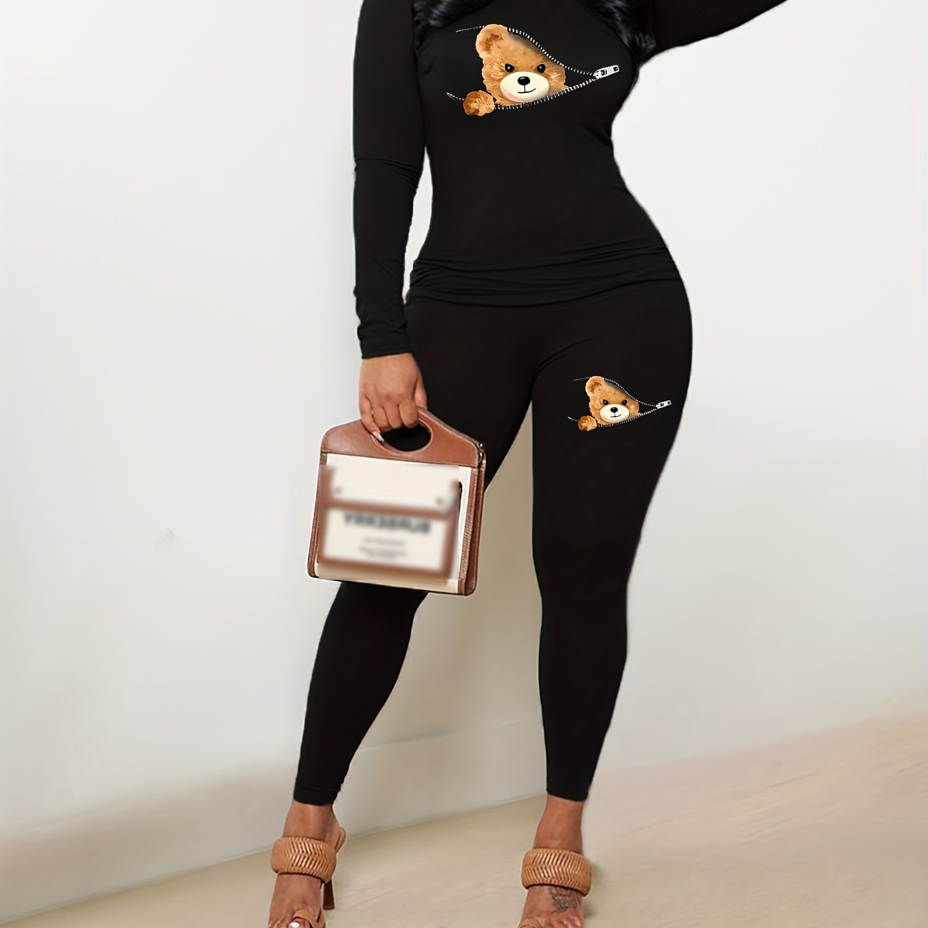 

Bear Print Casual Spring & Fall Two-piece Set, Crew Neck Long Sleeve T-shirt & Skinny Pants Outfits, Women's Clothing