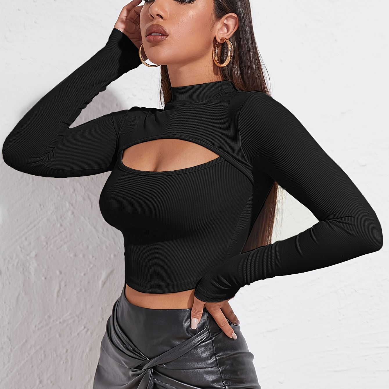 

Solid Mock Neck T-shirt, Casual Long Sleeve Cut Out Top For Spring & Fall, Women's Clothing