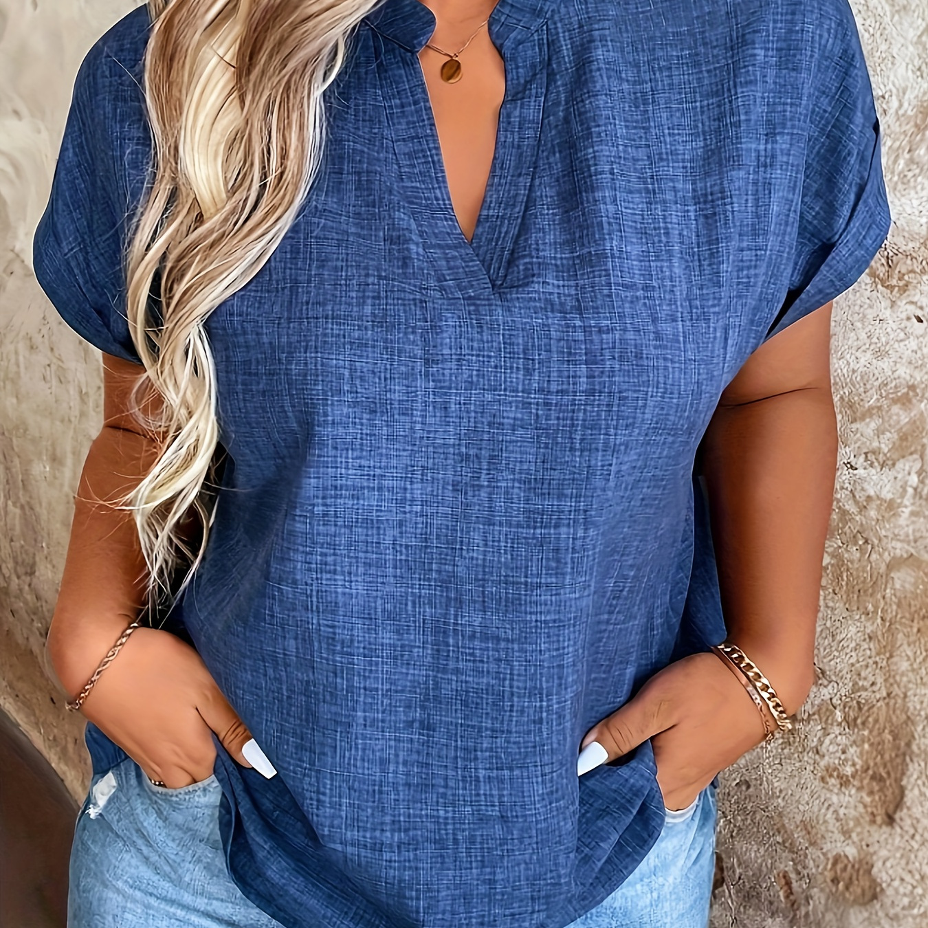 

Elegant Blue Notched V-neck Blouse With Batwing Sleeves - 100% Polyester, Machine Washable, Ideal For Spring/summer - Chic &