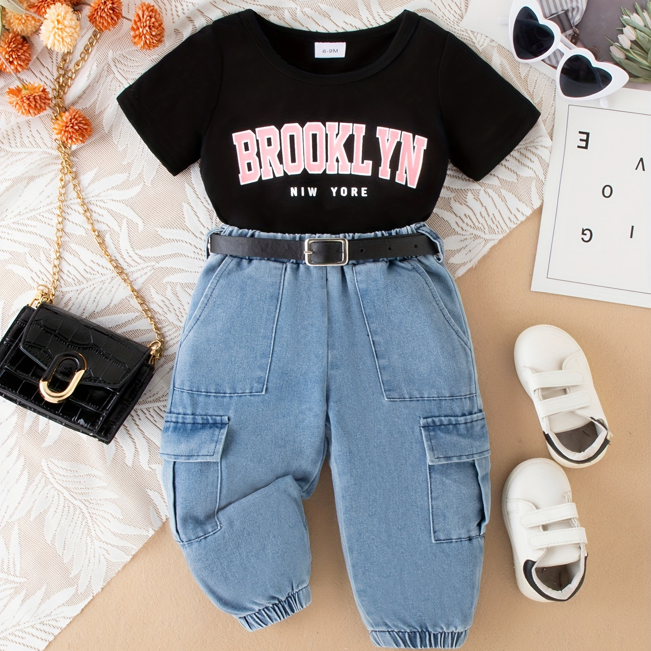 

Tenue décontractée 2 pièces "Brooklyn" pour bébé, t-shirt et pantalon cargo en jean, vêtements pour fillettes de 1 à 3 ans, pour tous les jours, les vacances ou les fêtes.