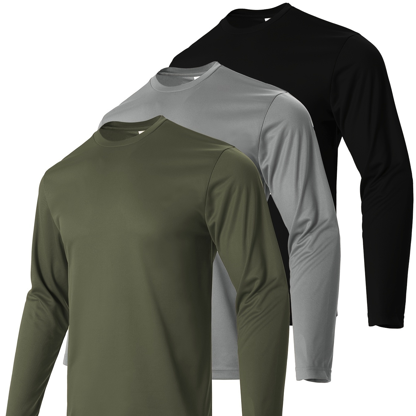 

3-pack Men's Quick-dry Long Sleeve T-shirts, 100% Polyester Crew Neck Moisture-wicking Tops For , Casual Knit Fabric With Slight Stretch, For All