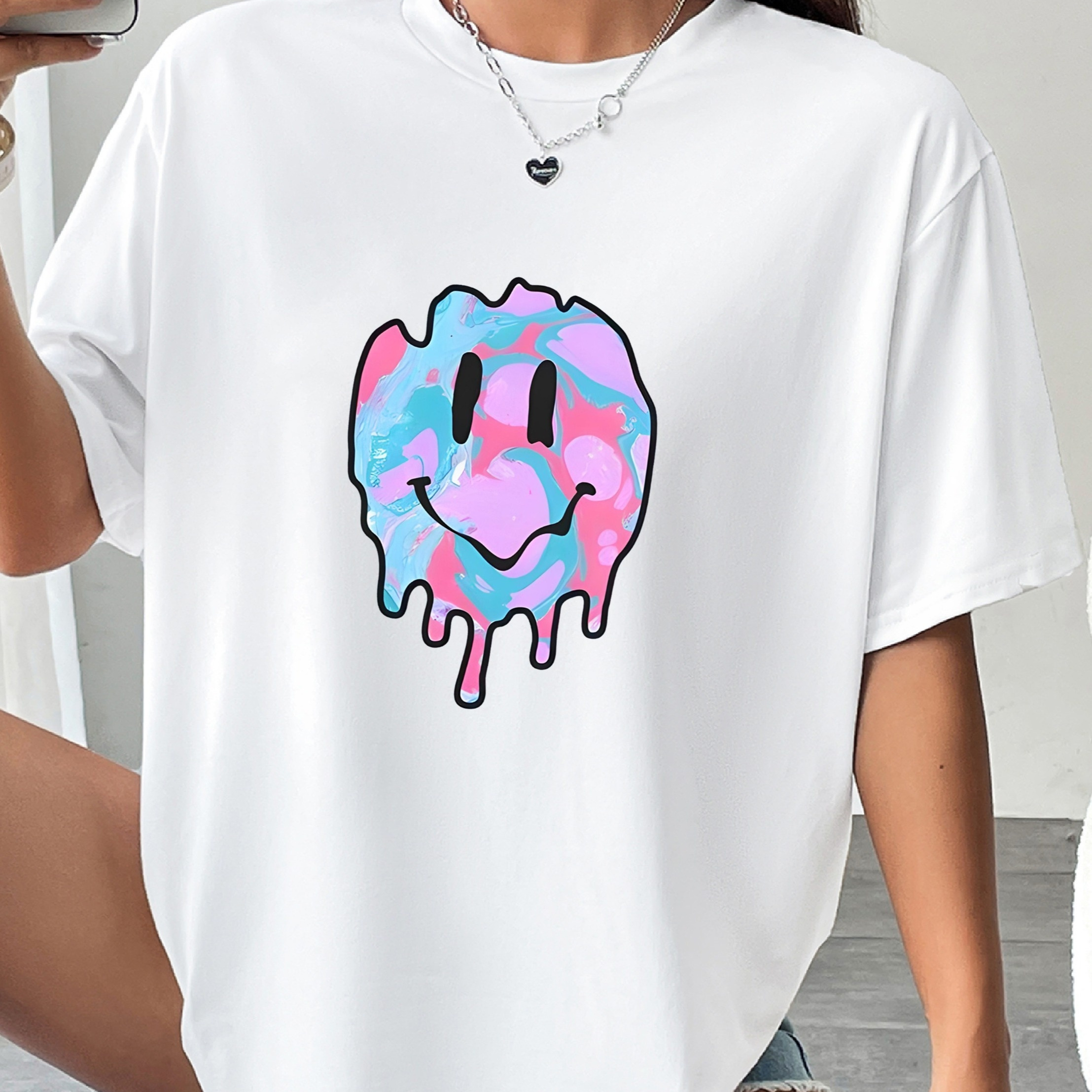 

Face Print Drop Shoulder T-shirt, Short Sleeve Crew Neck Casual Top For Spring & Summer, Women's Clothing