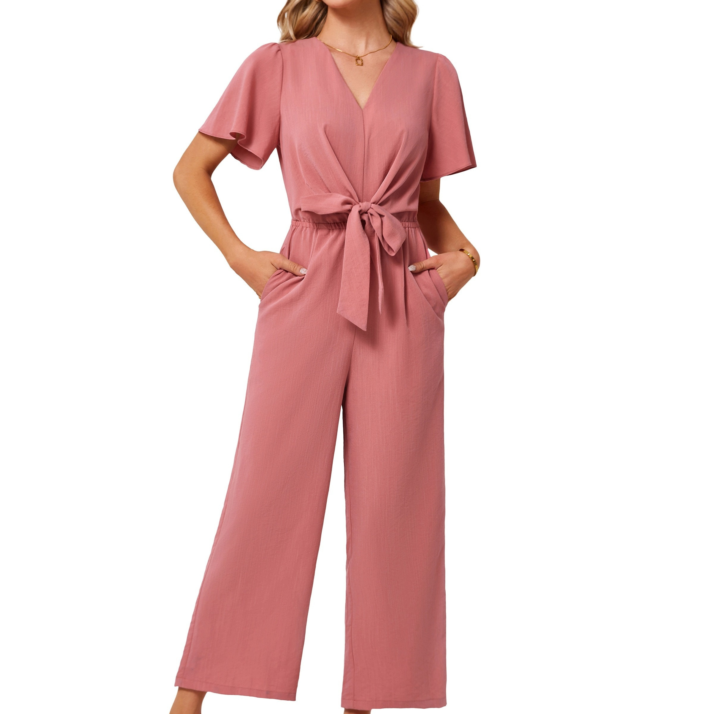 

Women's 2024 Summer Wide Leg Jumpsuits Casual Dressy 1 Piece Outfits V Neck High Waist Linen Romper With Pockets