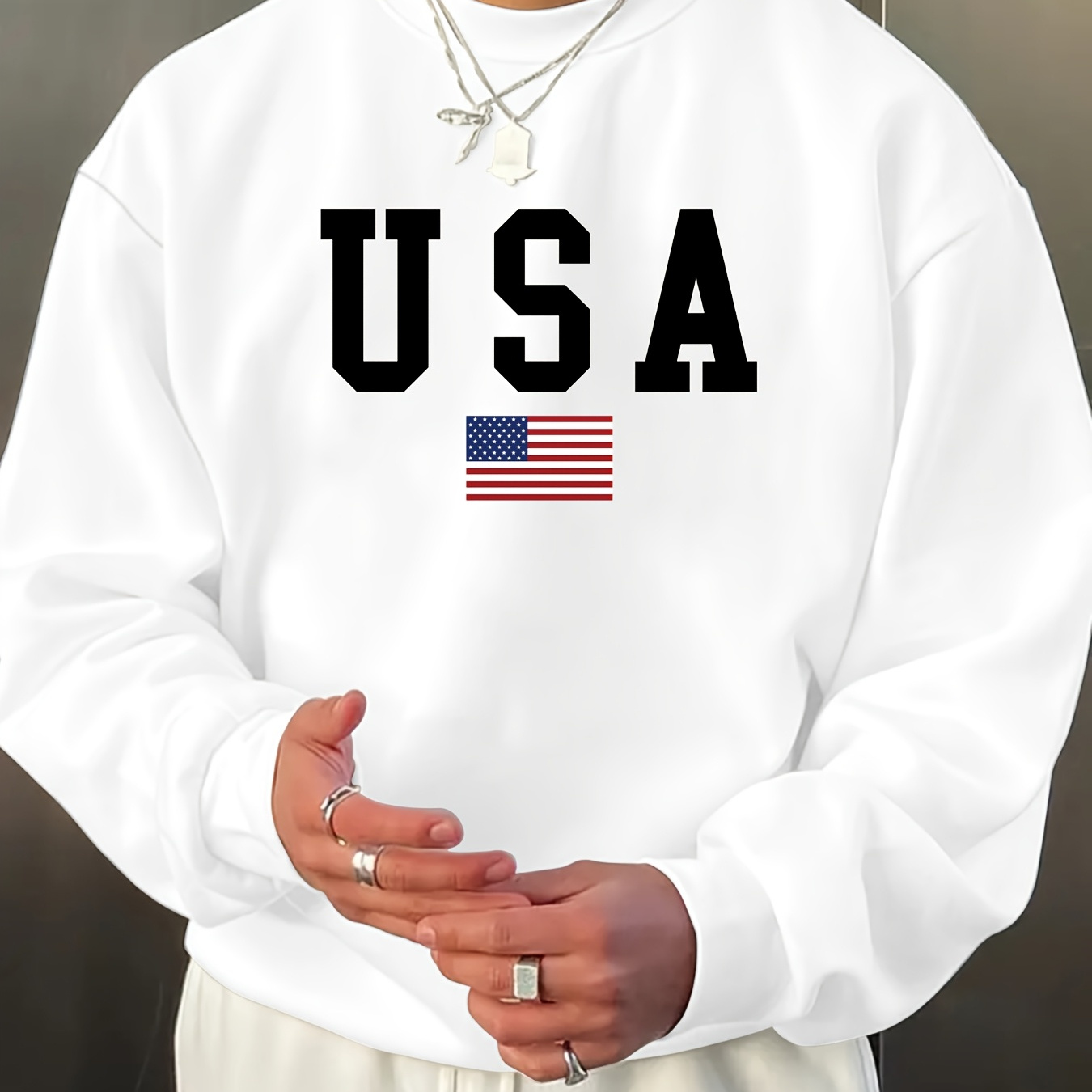 

Usa Letter Flag Print Men's Long Sleeve Crew Neck Sweatshirt, Pullover Sweatshirt, Casual Comfy Top For , Outdoor Sports