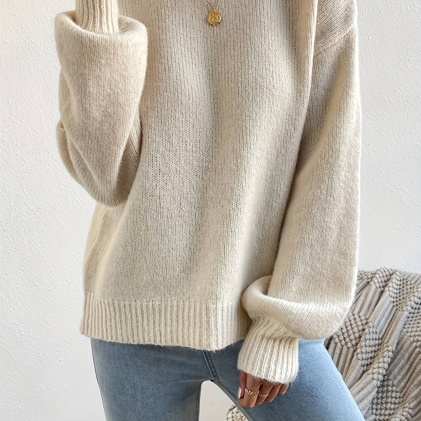 

Drop Shoulder Crew Neck Sweater, Casual Long Sleeve Sweater For Fall & Winter, Women's Clothing