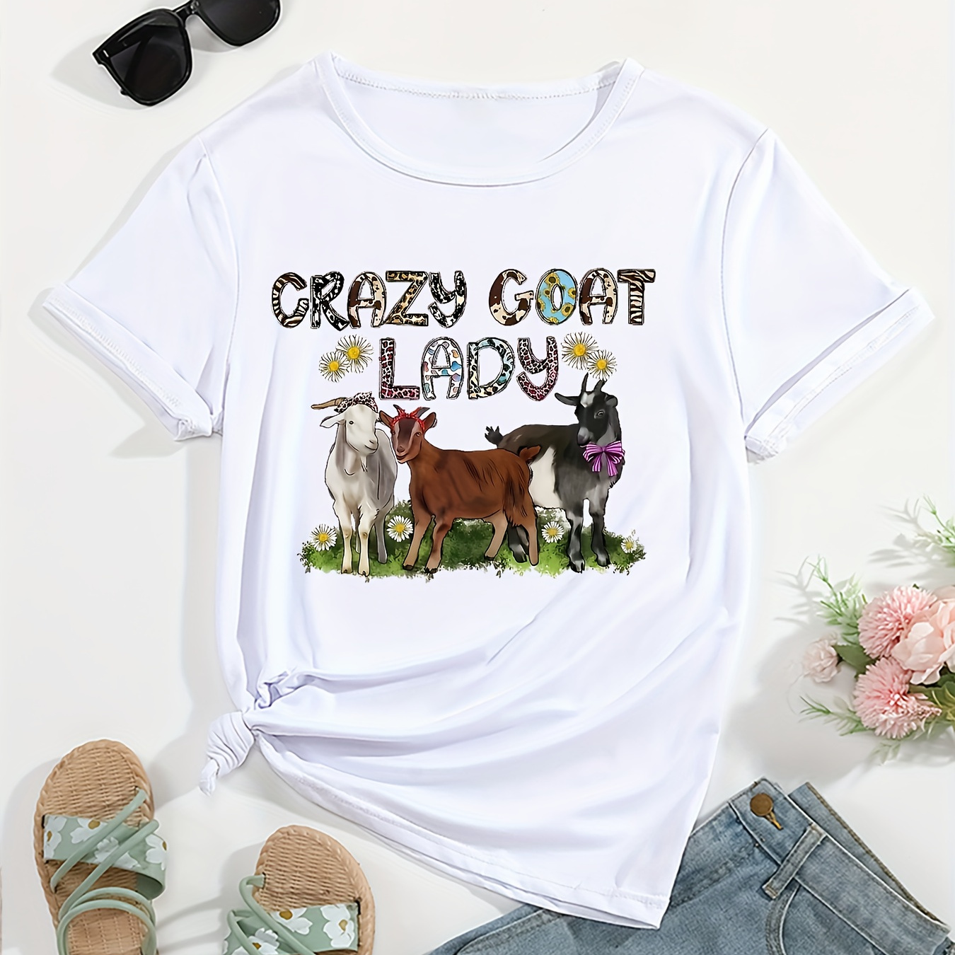 

Women's "crazy Goat Lady" Graphic Tee, Casual Vintage-style T-shirt With Short Sleeves And Round Neck, Comfort Fit Casual Top For Animal Lovers