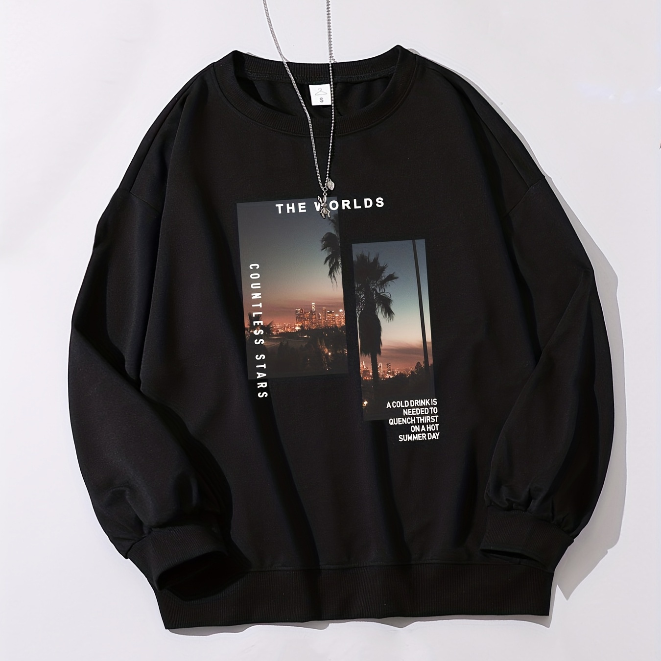 

Men's Sunset Photo And Letter Print Trendy Sweatshirt, Crew Neck Long Sleeve Tops, Men's Outfits