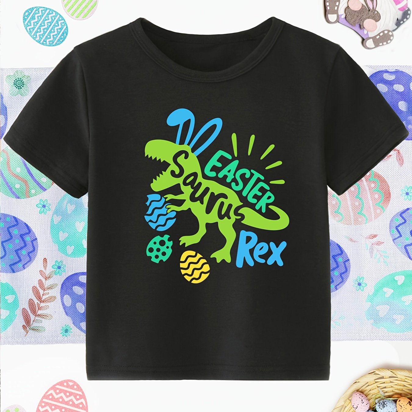 

Boys Cartoon Dinosaur And Easter Egg T-shirt Tee Top Short Sleeves Crew Neck Summer Casual Kids Clothes