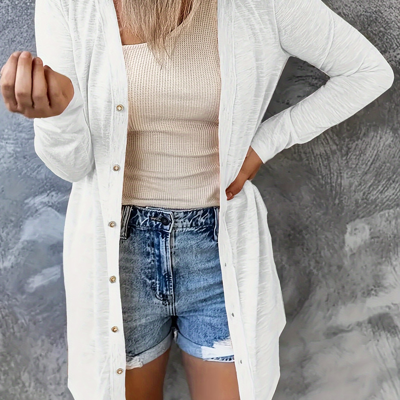 

Solid Color Button Front Knitted Cardigan, Vintage Collarless Long Sleeve Cardigan, Women's Clothing