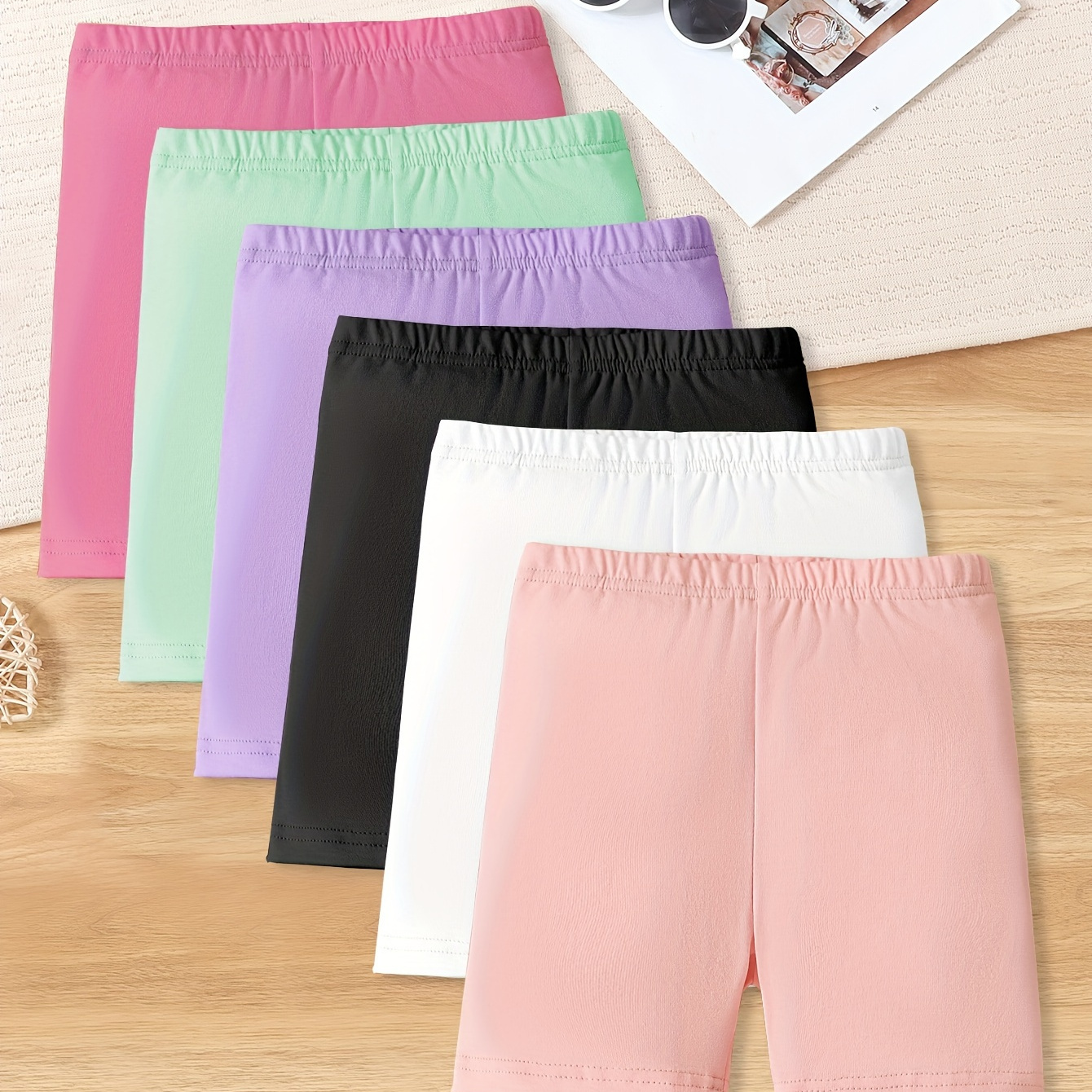 

6pcs, Knit Solid Color Shorts For Girls, Elastic Comfy For Running Dancing And Yoga Short Pants Summer Gift, Kids' Clothing