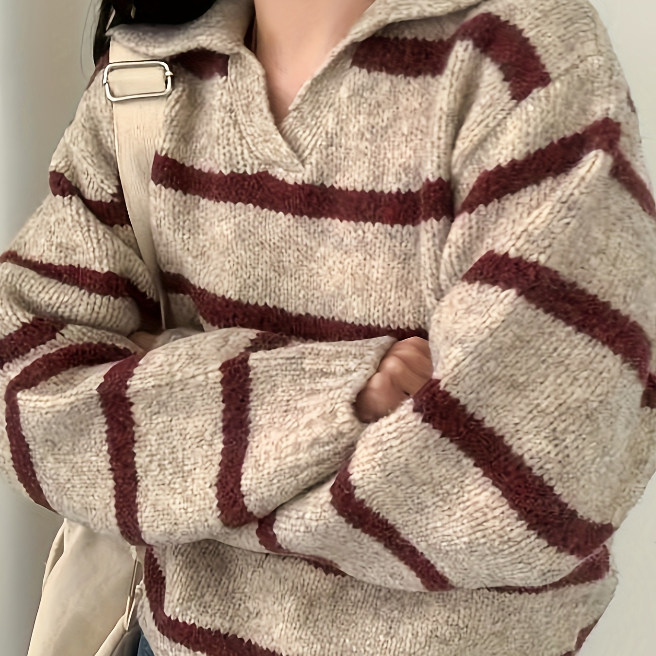 

Rayé V Neck Tricot Pull, Élégant Manches Longues Pull Pour L'automne & L'hiver, Vêtements Pour Femmes